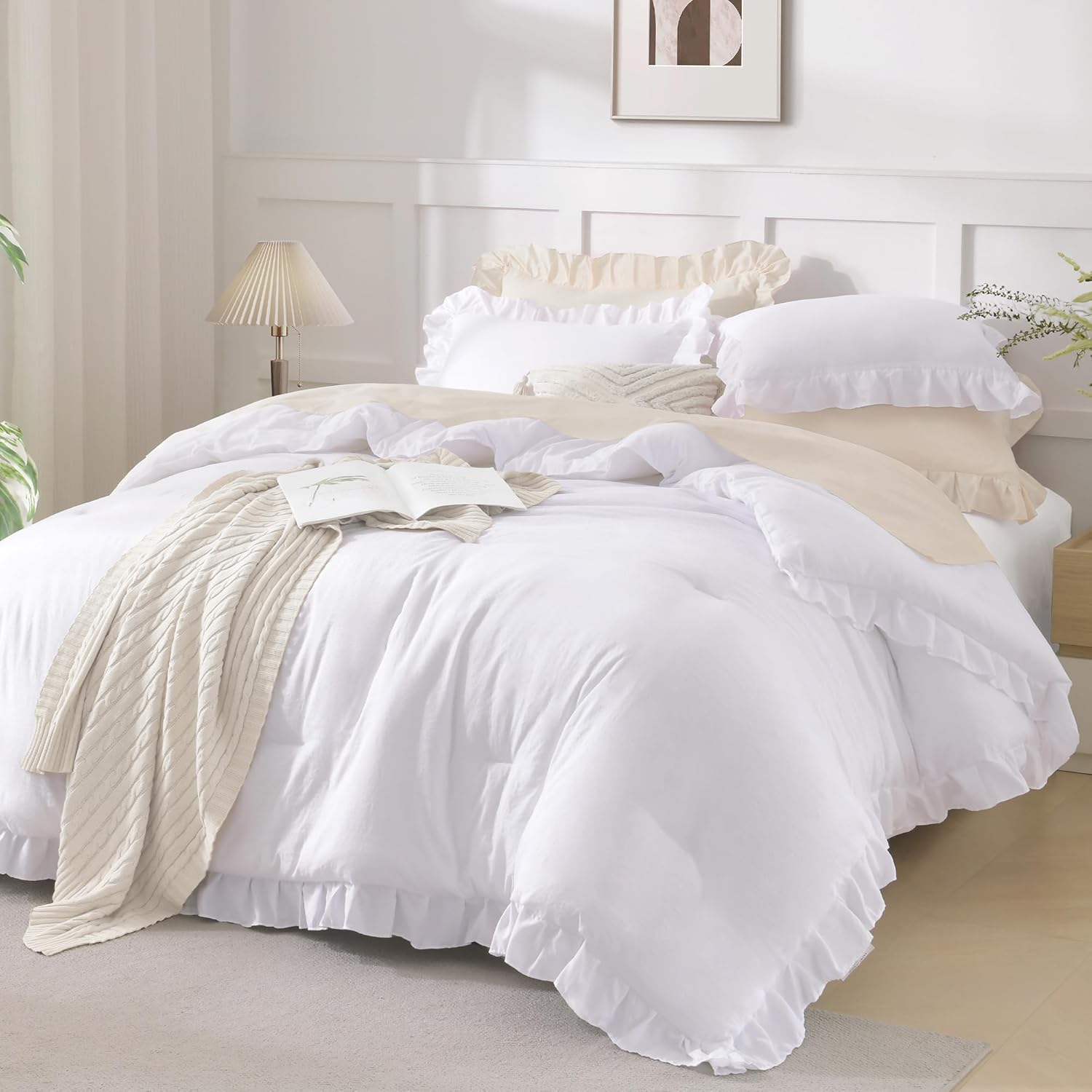 Andency White Comforter Queen Size, 3 Pieces Ruffle Shabby Chic Farmhouse Queen Comforter Sets, All Season Lightweight Fluffy Room Decor Bed Set for Girls Women Teens Gift Choice - Image 4
