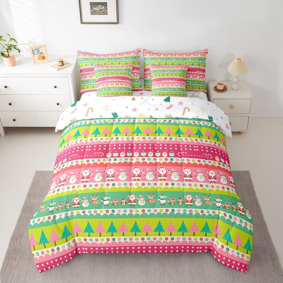 Pink Christmas 7 Piece Bedding Set Full Size Merry Christmas Snowman Bed in a Bag for Boys Girls Bedroom Decor Santa Claus Comforter Set with Sheets,Pillowcases & Cushion Cover Soft Xmas Tree Deer - Image 25