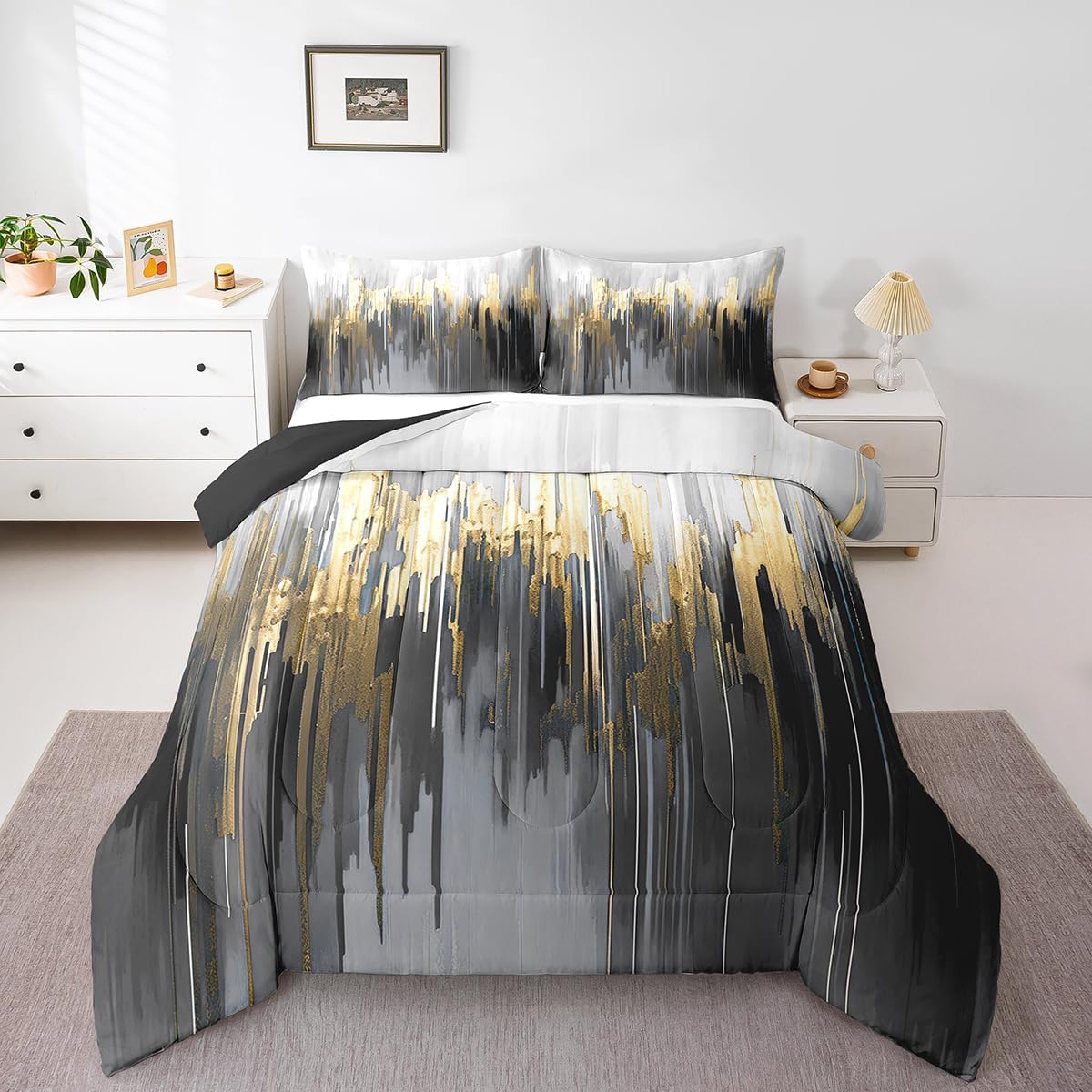 Erosebridal Black Grey Gold Comforter Set Queen Brush Strokes Oil Painting Bedding Set, Gradient Abstract Vintage Bedding Comforter Sets Ombre Graffiti Duvet Set, Contemporary Modern Quilted Comforter - Image 21