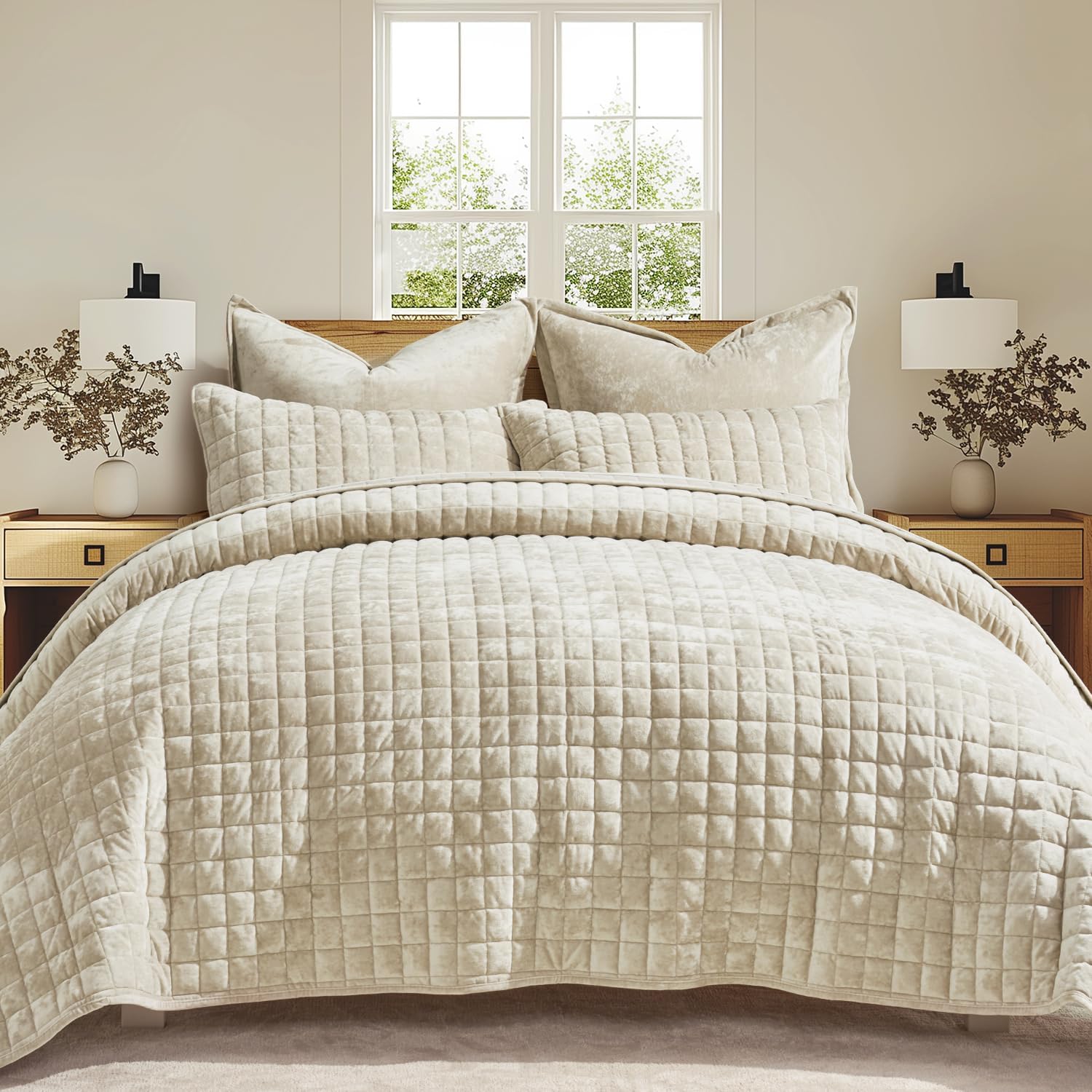 RECYCO Luxury Velvet Quilt Set King Size Bedding Sets, Ultra Soft Velvet Comforter Set, Lightweight Channel Box Stitch Oversized Bedspread Coverlet for All Season, with 2 Shams, Beige - Image 53