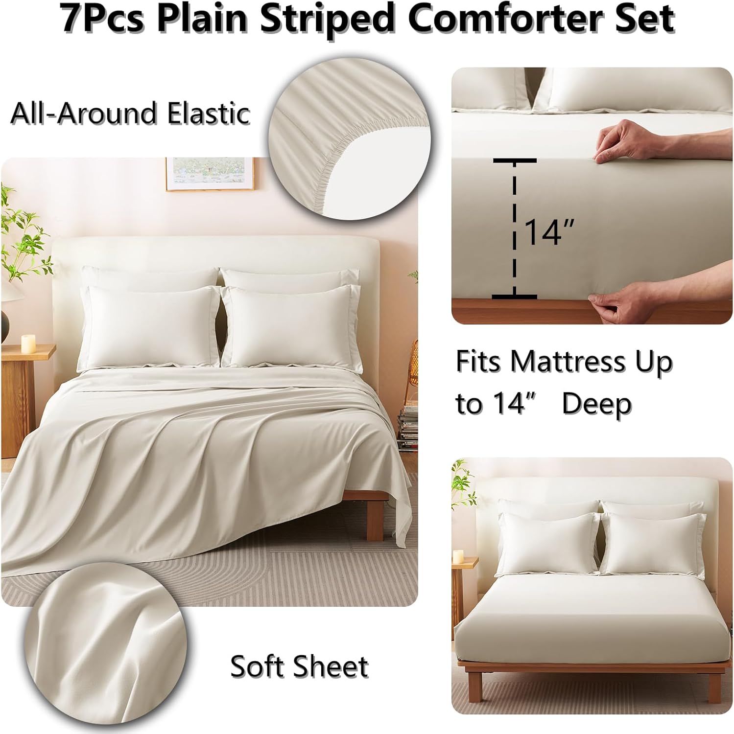 CozyLux Full Size Comforter Sets - 7 Pieces Bed in a Bag Beige Comforters Full Size Bed Set, Soft Bedding Set with All Seasons Comforter, Sheets, Pillowcases & Shams - Image 5