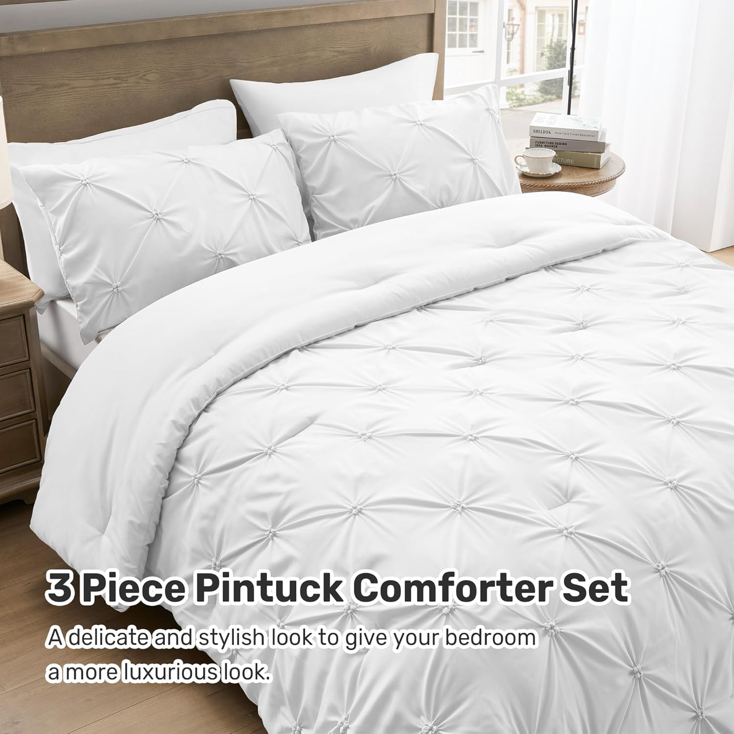 UNIKOME Queen Comforter Set White - Ultra Soft Boho Pintuck Down Alternative Bedding Set for Winter, All Seasons, 3 Pieces Warm Pinch Pleat Solid Bed Set with Comforter, 2 Pillowcases - Image 5