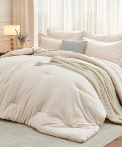 MUXHOMO 7 Pieces Queen Comforter Set, Soft Bed in a Bag Queen Size, All Season Bedding Set with Comforter, Flat Sheet, Fitted Sheet, Pillowcases & Shams, Beige
