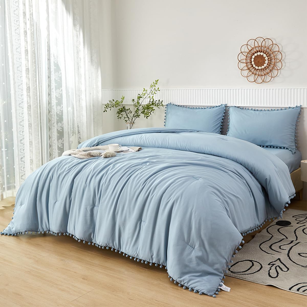 PERFEMET 5 Pcs Pink Pom Pom Comforter Twin Size Aesthetic Boho Pom Fringe Bedding Set with Sheet Ultra Soft Lightweight Farmhouse Bedding Quilt Set for Girls Kids(Pink, Twin) - Image 10