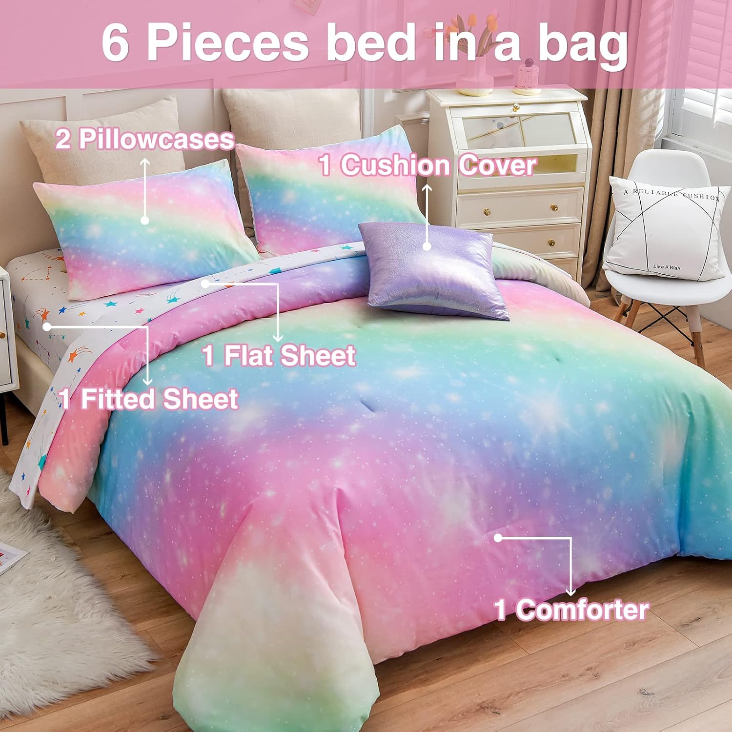A Nice Night 6Pcs Gradient Glitter Bedding Set for Girls Full Size, Colorful Rainbow Galaxy Comforter Set, Ultra Soft Bedding Sets, Pink - Image 4