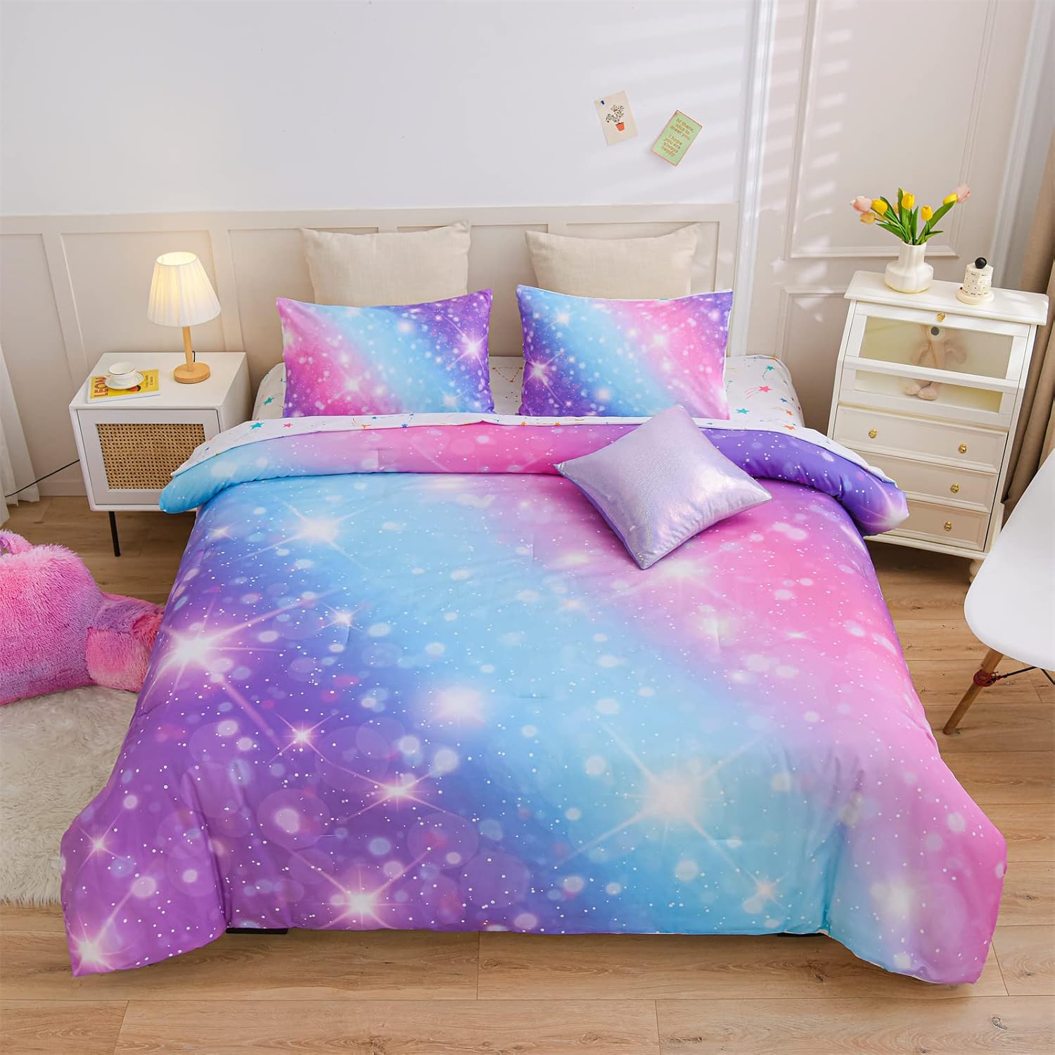 A Nice Night 6Pcs Gradient Glitter Bedding Set for Girls Full Size, Colorful Rainbow Galaxy Comforter Set, Ultra Soft Bedding Sets, Pink - Image 15