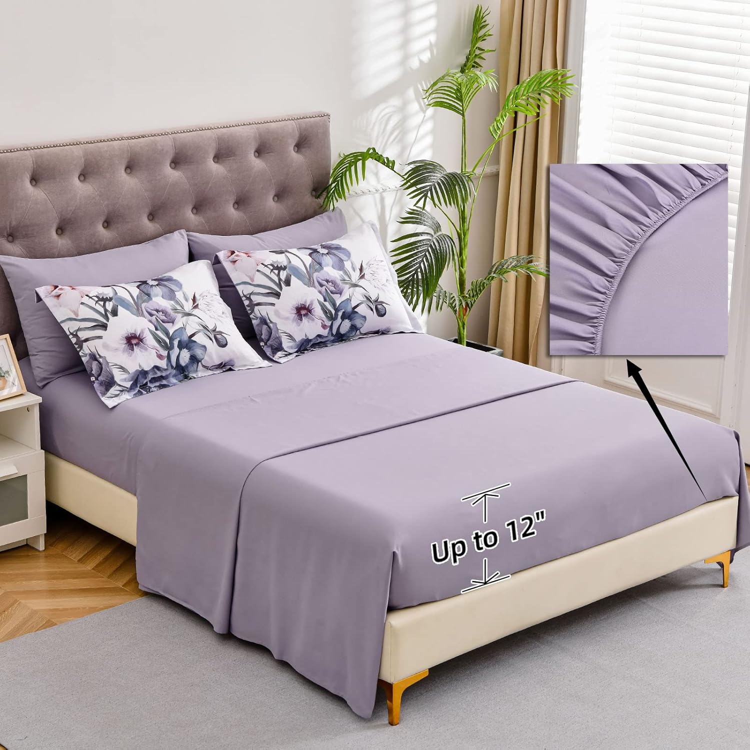 Luxudecor Floral Comforter Set Queen Size 7 Piece, Purple Flower Bed in a Bag, Elegant Floral Comforter with Sheet Set, Soft Microfiber Bedding Set for All Season (Purple, 90"x90") - Image 5