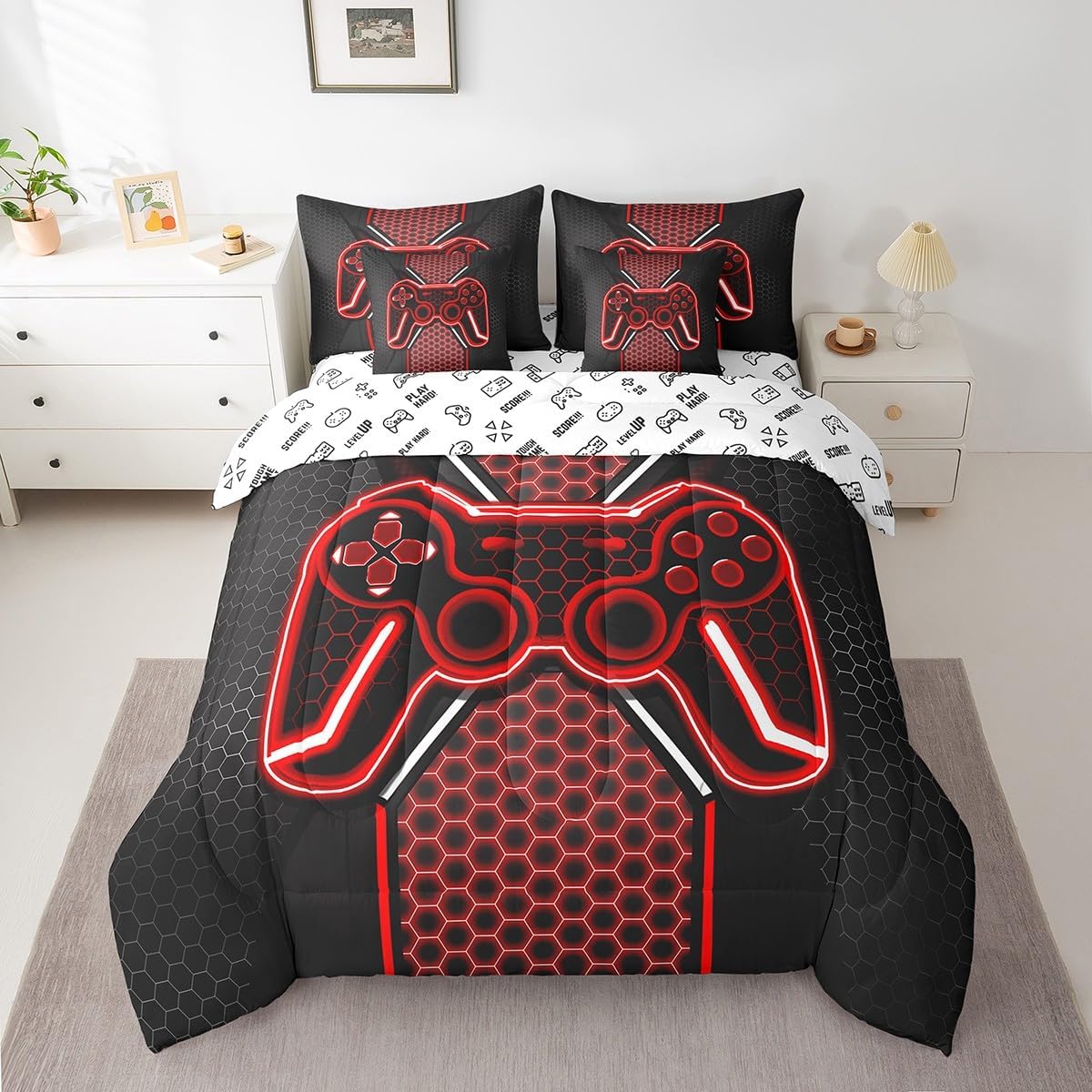 Feelyou Gamer Bedding Set Gamepad Comforter Set with Sheets 7 Piece for Boys Gaming Gifts Bed in a Bag Full Game Controller Red Bed Set with Comforter,Sheets,Cushion Covers - Image 10