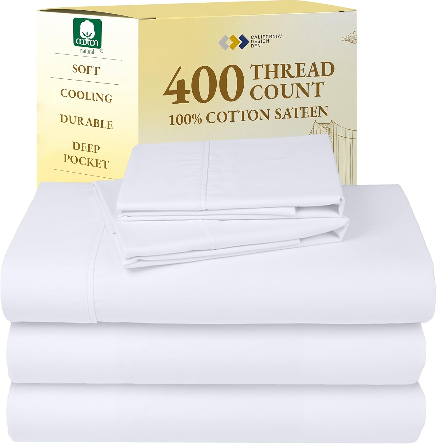 California Design Den King Size Sheets Set - Soft 400 Thread Count Sateen, Natural 100% Cotton Sheets King Size, Deep Pockets with All Around Elastic for a Snug Fit, Cool & Durable Bedding - White - Image 11
