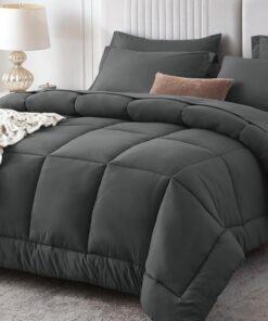Sasttie Queen Comforter Set, 7 Pieces Bed in a Bag Queen, Complete Bedding Set Includes Grey Comforter, Flat Sheet, Fitted Sheet, Pillowcases and Pillow Shams, Dark Grey
