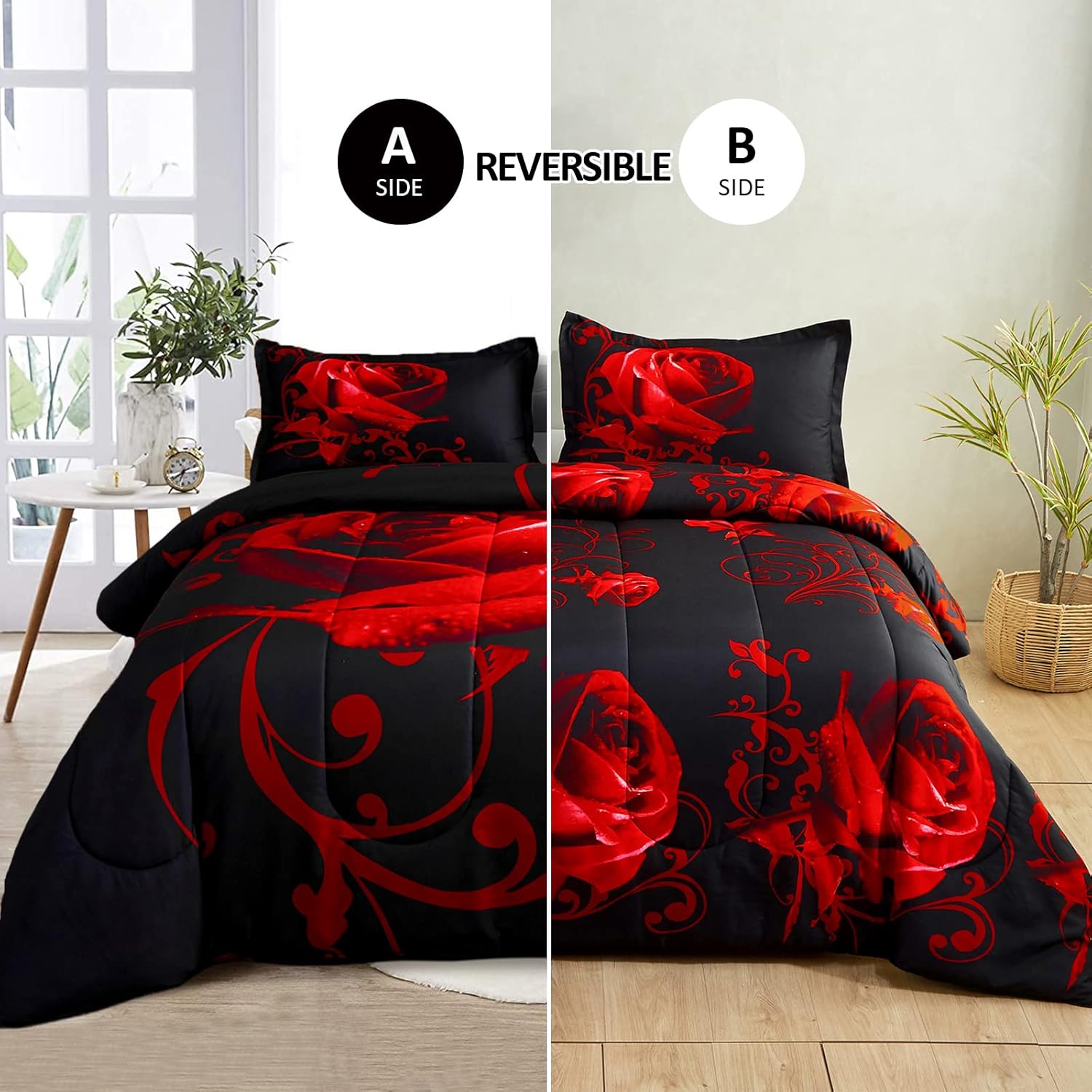 WONGS BEDDING Red Comforter Set Queen Reversible Red Rose Pattern Printed Bedding Down Comforter with 2 Pillowcases for All Seasons, Soft Microfiber Lightweight Bedding Set 90"x90" - Image 2