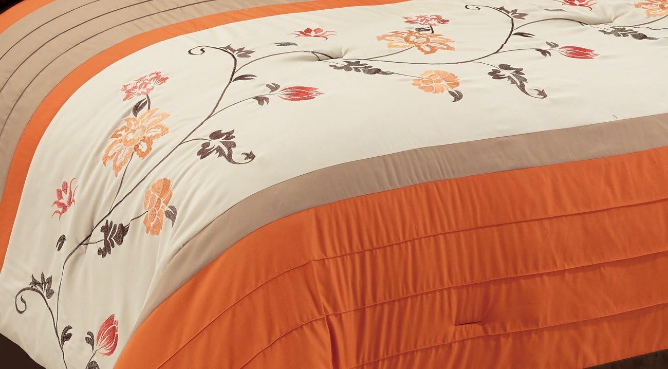 Chezmoi Collection Serene 7-Piece Luxury Autumn Floral Embroidery Comforter Set, Queen, Orange/Brown/Taupe - Image 3