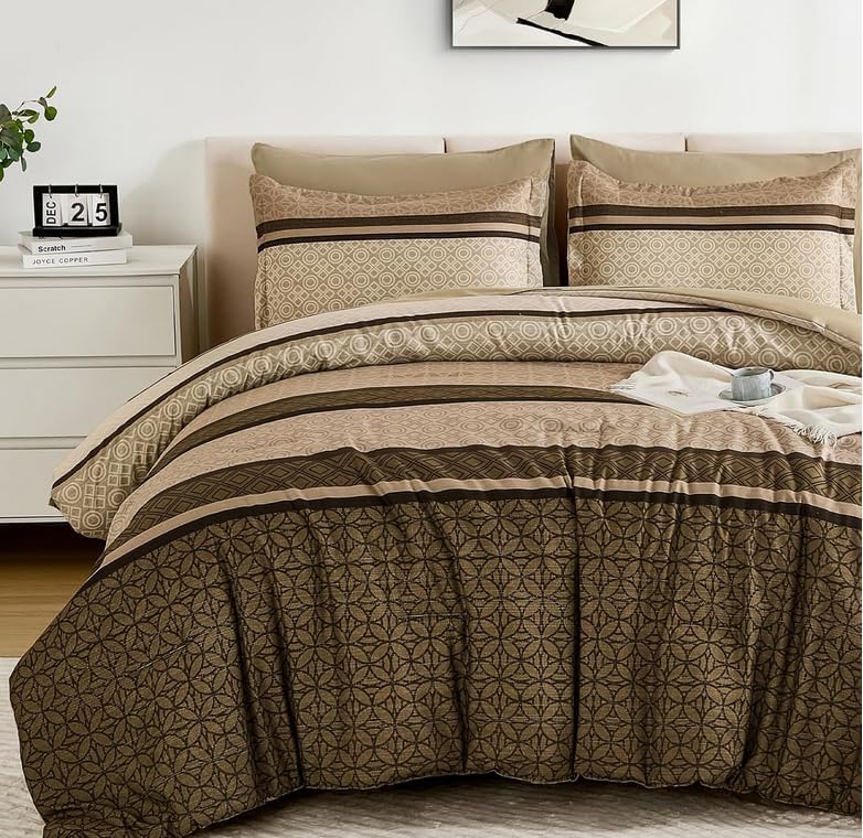 WONGS BEDDING 7 Pieces Comforter Set King Size, Brown Striped Bed in a Bag Comforter and Sheet Set, Bohemian Soft Lightweight Micorfiber Bedding Set for All Season (90"×104") - Image 8