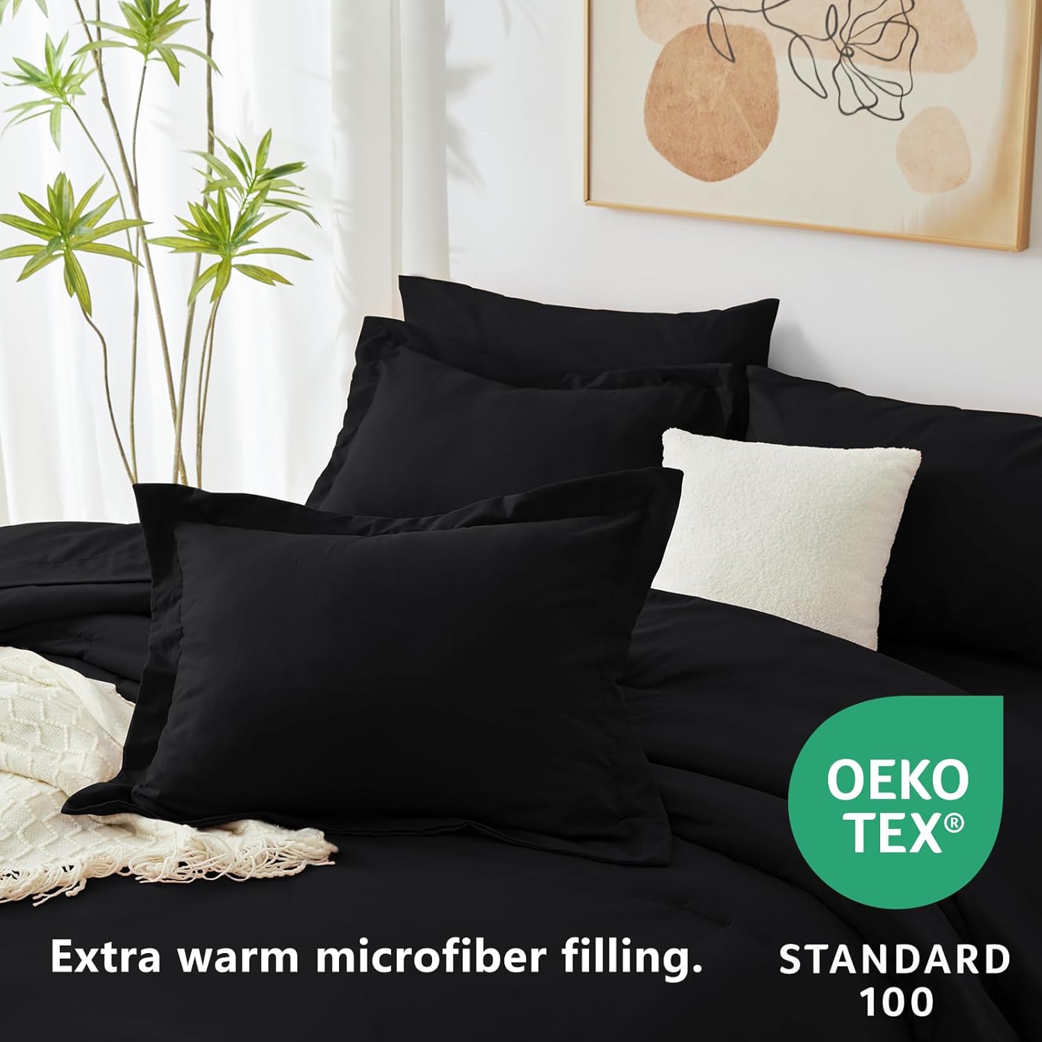 CozyLux King Comforter Set Black, 7 Pieces Bed in a Bag Soft Bedding Comforter Set with Sheets, All Season Boho 7PC Bed Sets with Comforter, Fitted Sheets, Flat Sheets, Pillow Shams and Pillowcases - Image 4