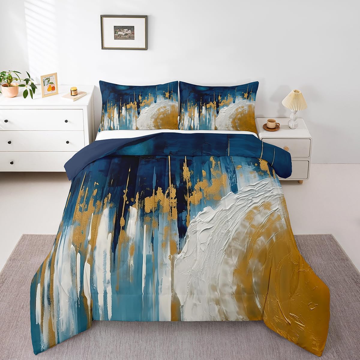 Erosebridal Black Grey Gold Comforter Set Queen Brush Strokes Oil Painting Bedding Set, Gradient Abstract Vintage Bedding Comforter Sets Ombre Graffiti Duvet Set, Contemporary Modern Quilted Comforter - Image 27