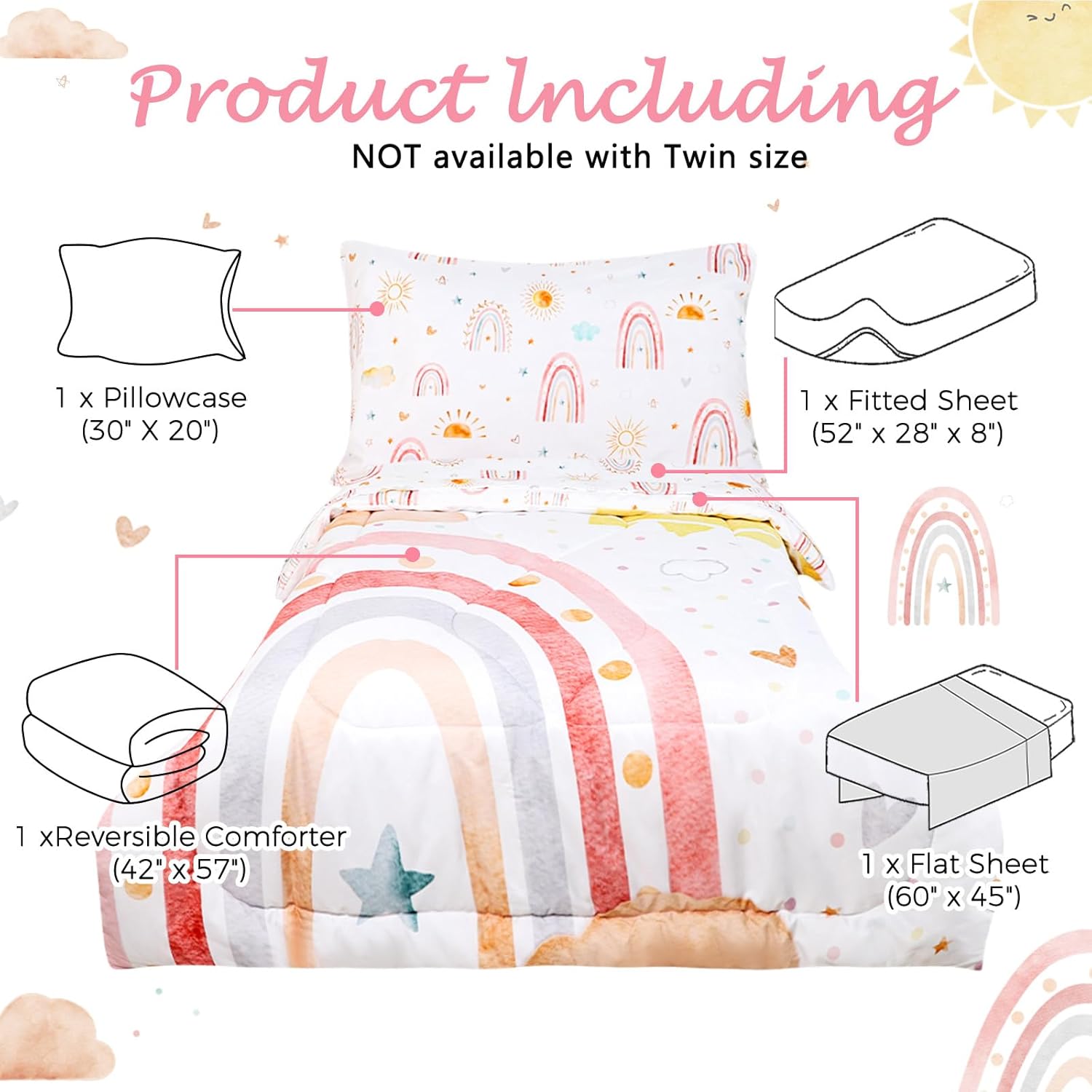 Toddler Bedding Set for Girls, 4 Piece Rainbow Toddler Girl Bedding Set, Super Soft & Lightweight Toddler Comforter Set Includes Comforter, Flat Sheet, Fitted Sheet, Pillowcase (Pink) - Image 5
