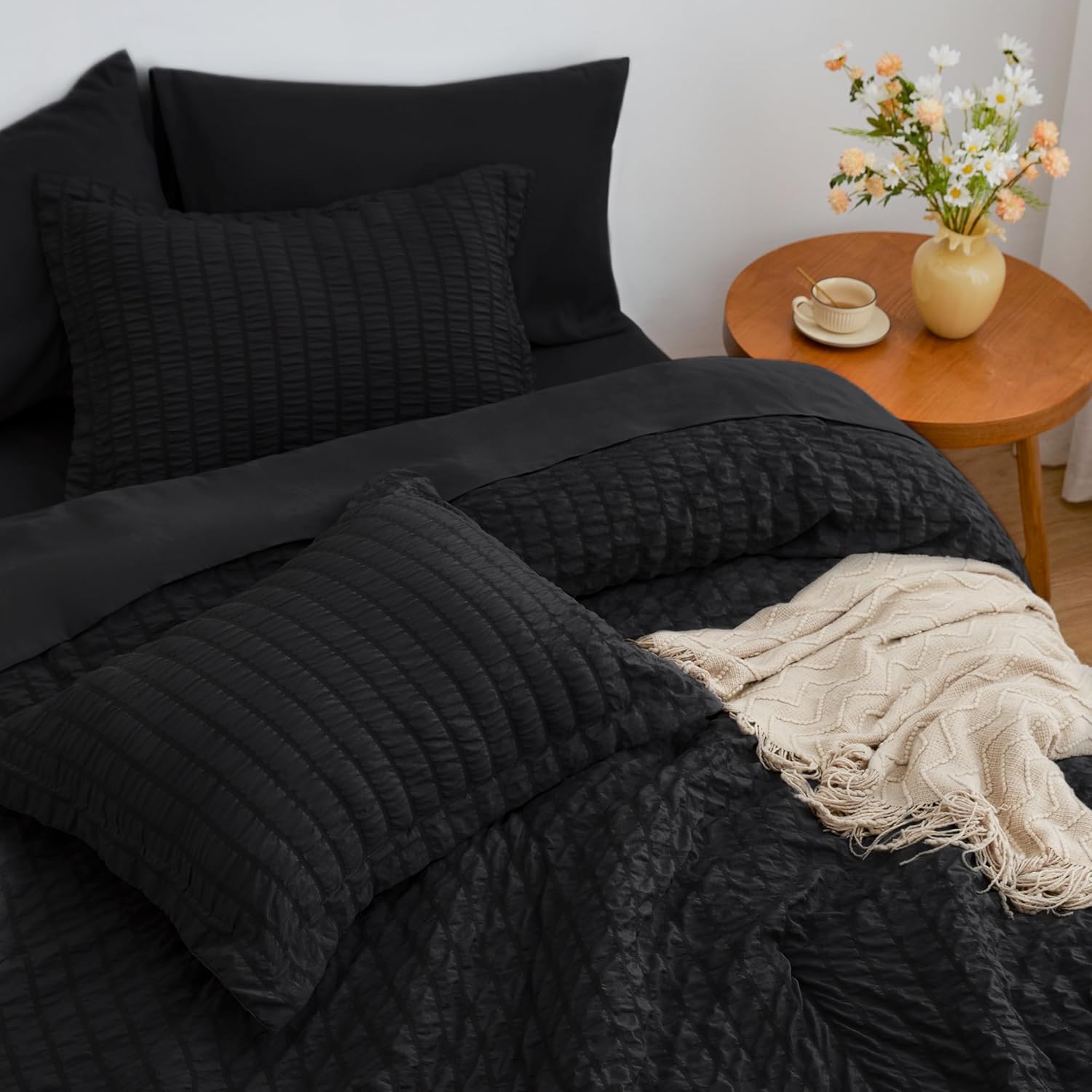 Love's cabin Seersucker Black 7 Pieces Comforter Set Full, All Season Lightweight Bedding Set, Full Bed in a Bag Comforter Set with Comforter, Flat Sheet, Fitted Sheet, Pillowcase and Pillow Sham - Image 4