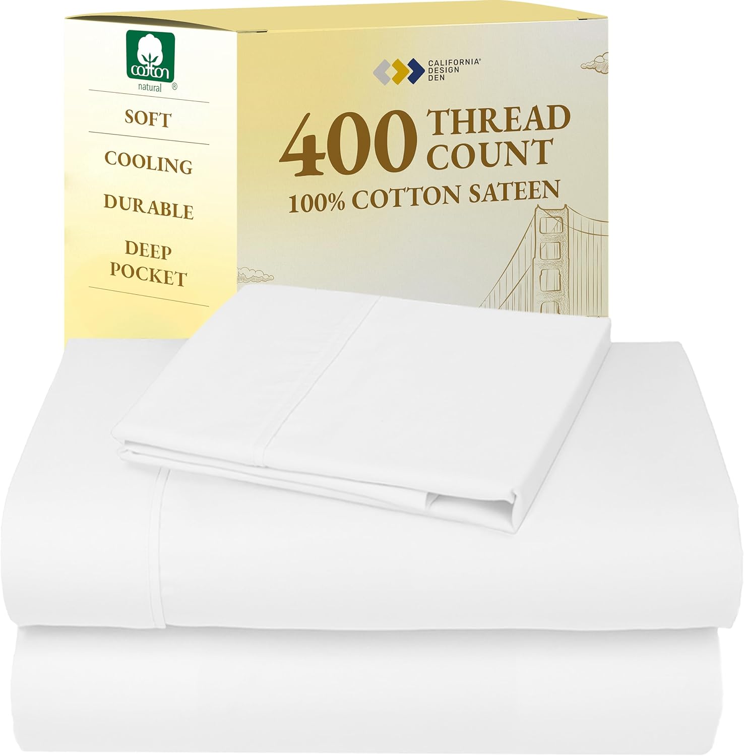 California Design Den King Size Sheets Set - Soft 400 Thread Count Sateen, Natural 100% Cotton Sheets King Size, Deep Pockets with All Around Elastic for a Snug Fit, Cool & Durable Bedding - White - Image 15