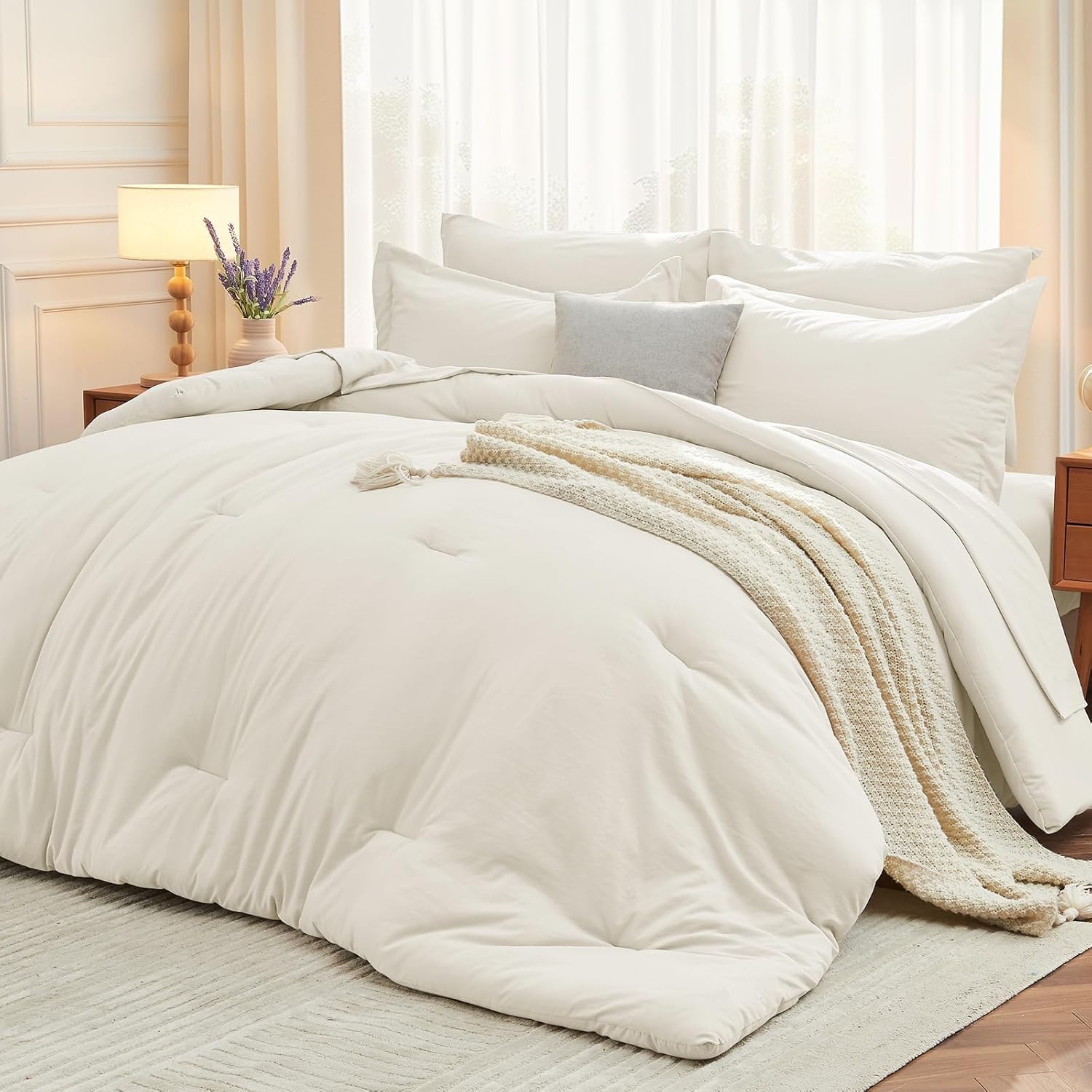MUXHOMO 7 Pieces Queen Comforter Set, Soft Bed in a Bag Queen Size, All Season Bedding Set with Comforter, Flat Sheet, Fitted Sheet, Pillowcases & Shams, Beige - Image 28
