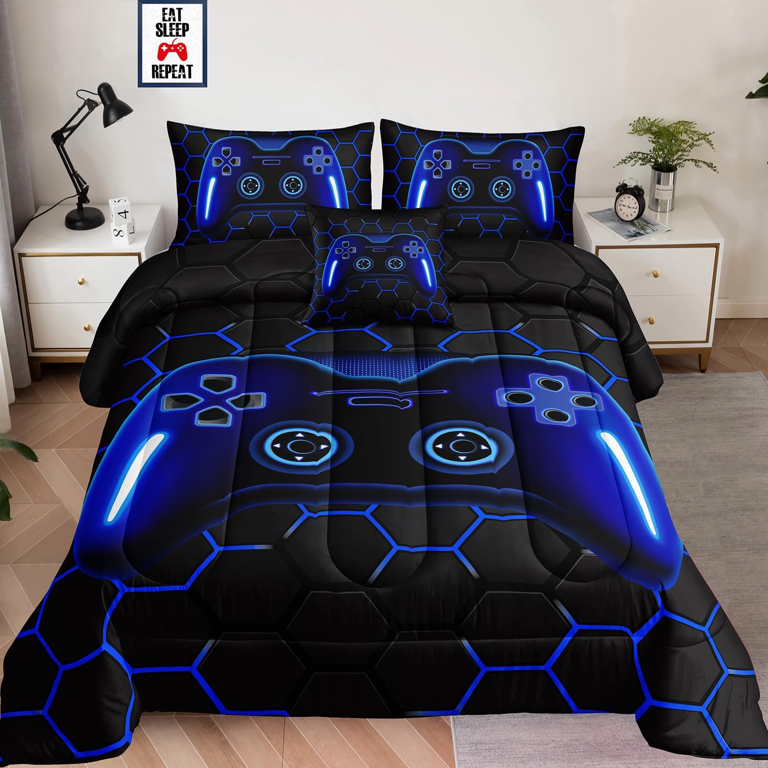 6 Pieces Bed in a Bag for Boys Bedding Sets Queen Size,Gamer Comforter Sets for Boys Kids, Gaming Comforter Set for Teens Room Decor with Flat Sheet,Fitted Sheet,Pillowcase,Cushion Cover - Image 6
