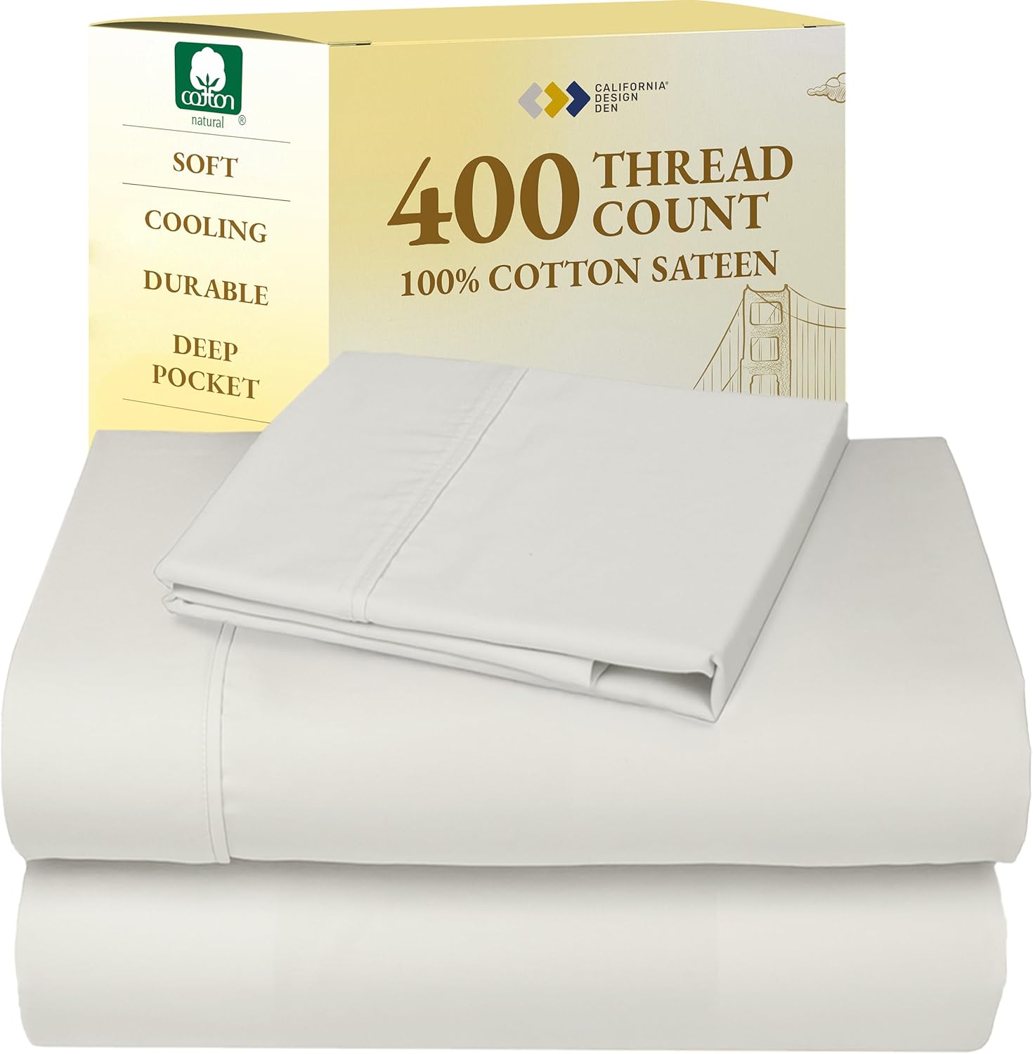 California Design Den King Size Sheets Set - Soft 400 Thread Count Sateen, Natural 100% Cotton Sheets King Size, Deep Pockets with All Around Elastic for a Snug Fit, Cool & Durable Bedding - White - Image 19