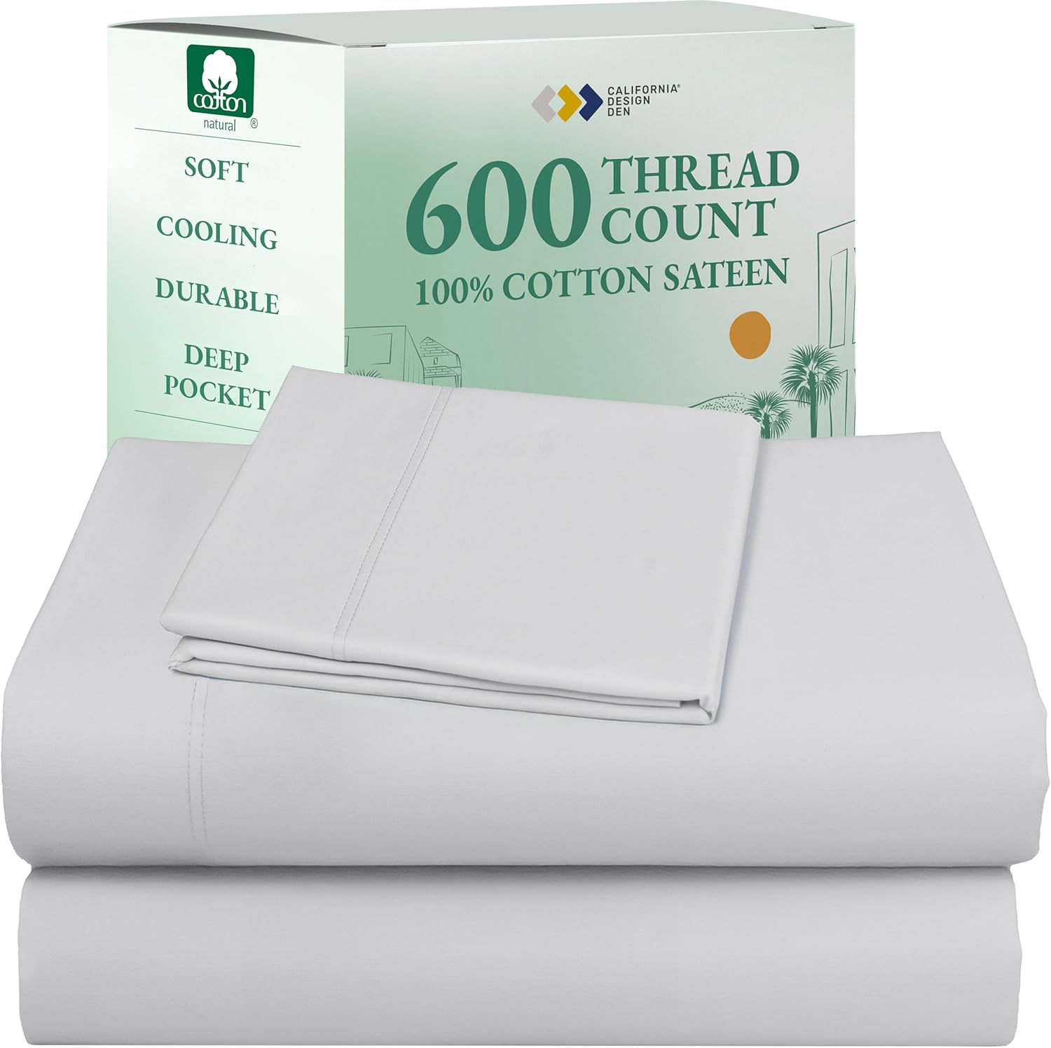 California Design Den Queen Sheet Set - Luxury 600 Thread Count Sateen, 100% Cotton Deep Pocket Queen Sheets with All Around Elastic, Snug Fit, Hotel Quality Bedding Set - White - Image 10