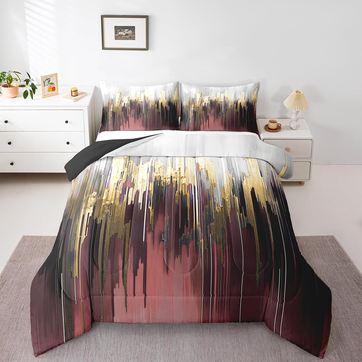 Erosebridal Black Grey Gold Comforter Set Queen Brush Strokes Oil Painting Bedding Set, Gradient Abstract Vintage Bedding Comforter Sets Ombre Graffiti Duvet Set, Contemporary Modern Quilted Comforter - Image 23