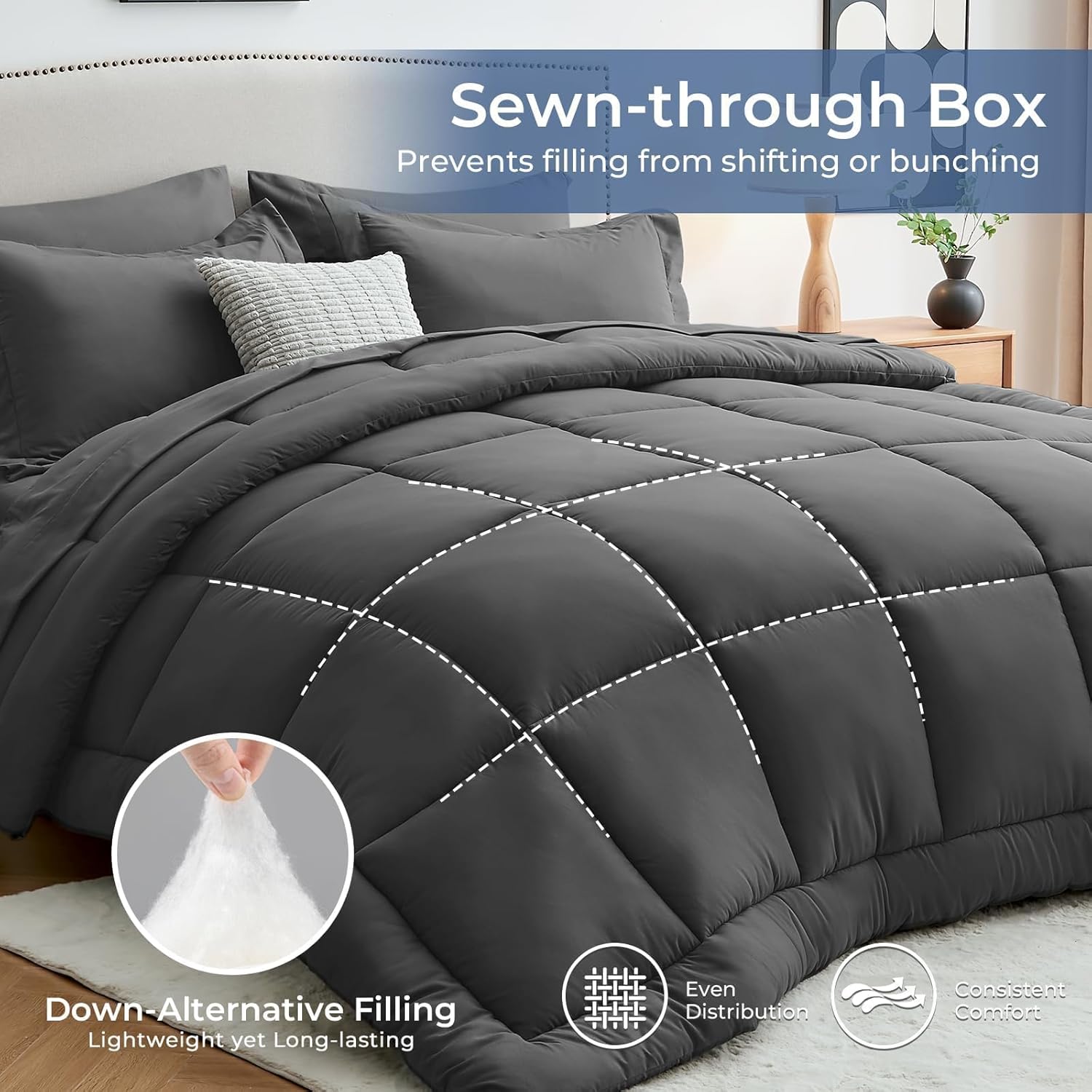 Sasttie Queen Comforter Set, 7 Pieces Bed in a Bag Queen, Complete Bedding Set Includes Grey Comforter, Flat Sheet, Fitted Sheet, Pillowcases and Pillow Shams, Dark Grey - Image 3