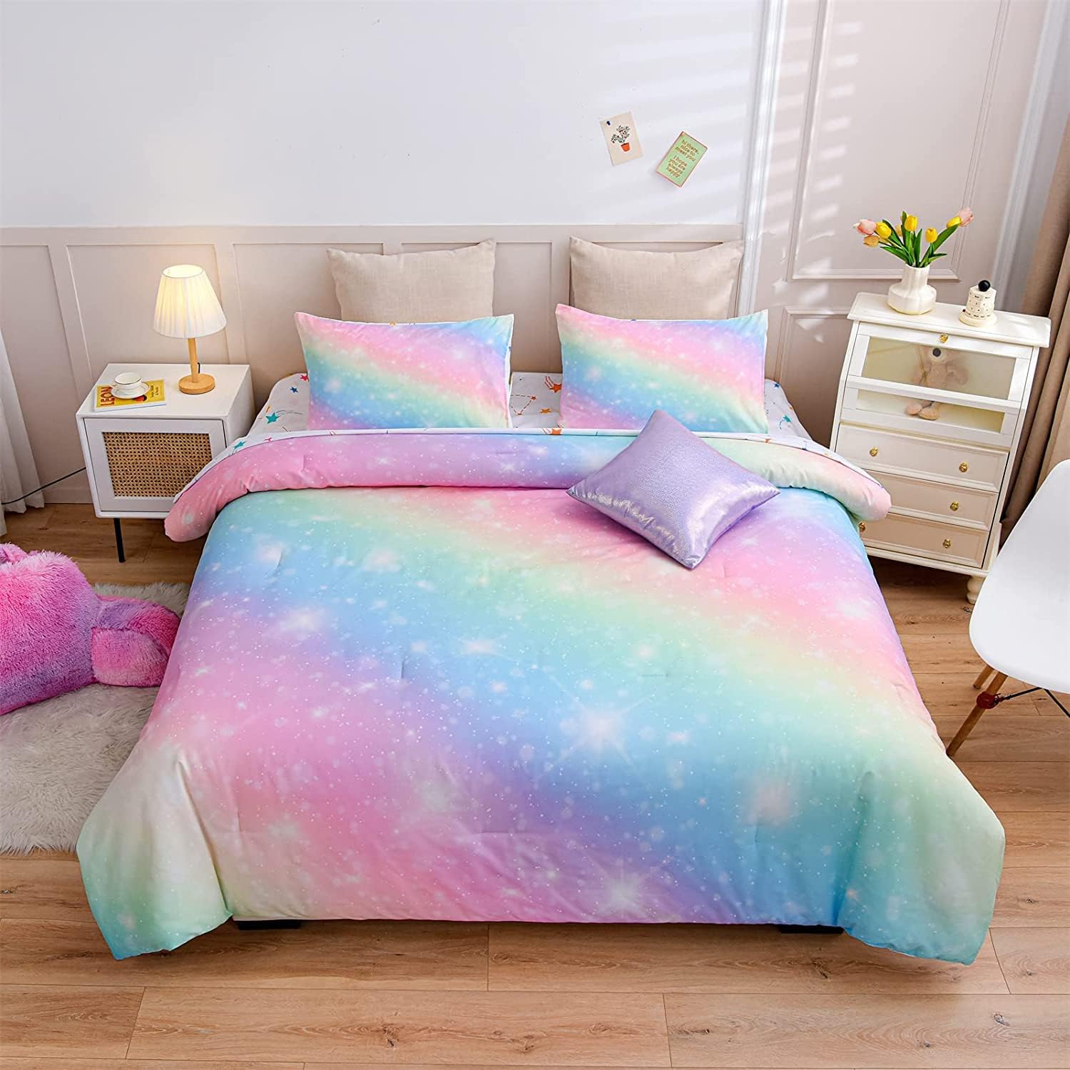 A Nice Night 6Pcs Gradient Glitter Bedding Set for Girls Full Size, Colorful Rainbow Galaxy Comforter Set, Ultra Soft Bedding Sets, Pink - Image 12