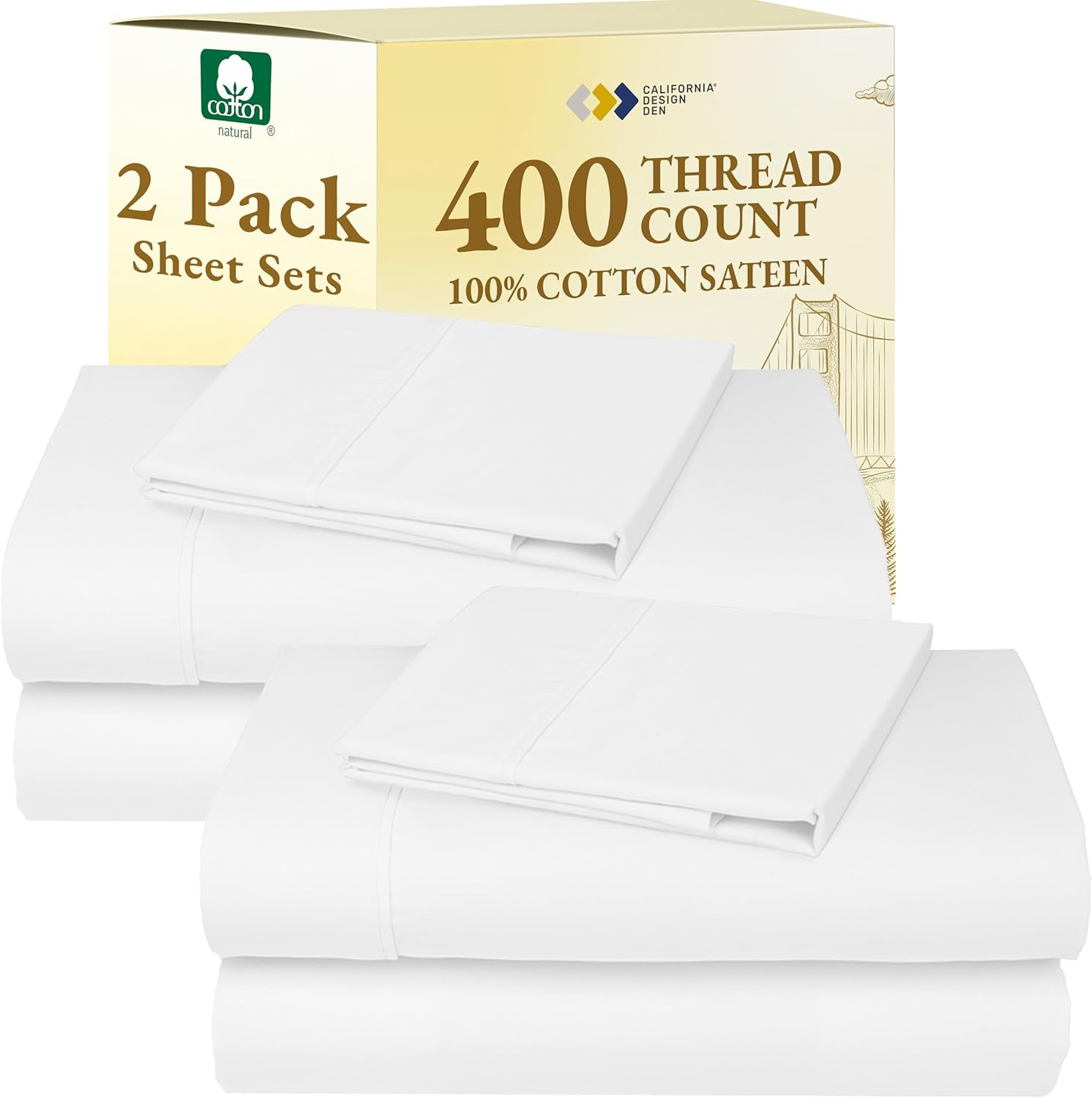 California Design Den King Size Sheets Set - Soft 400 Thread Count Sateen, Natural 100% Cotton Sheets King Size, Deep Pockets with All Around Elastic for a Snug Fit, Cool & Durable Bedding - White - Image 14