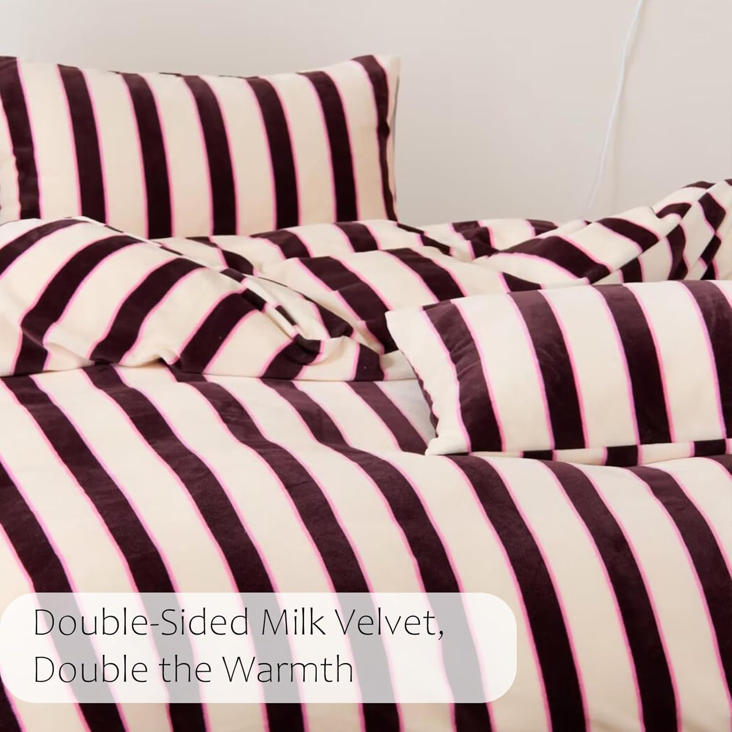 Bedbay Striped Queen Comforter Set Velvety Fleece Comforter Set Modern Style Striped Beding with 2 Pillowcases Lightweight 3 Pcs Boho Bedding Quilt Farmhouse Stripes Fluffy Bed Set for All Seasons - Image 5