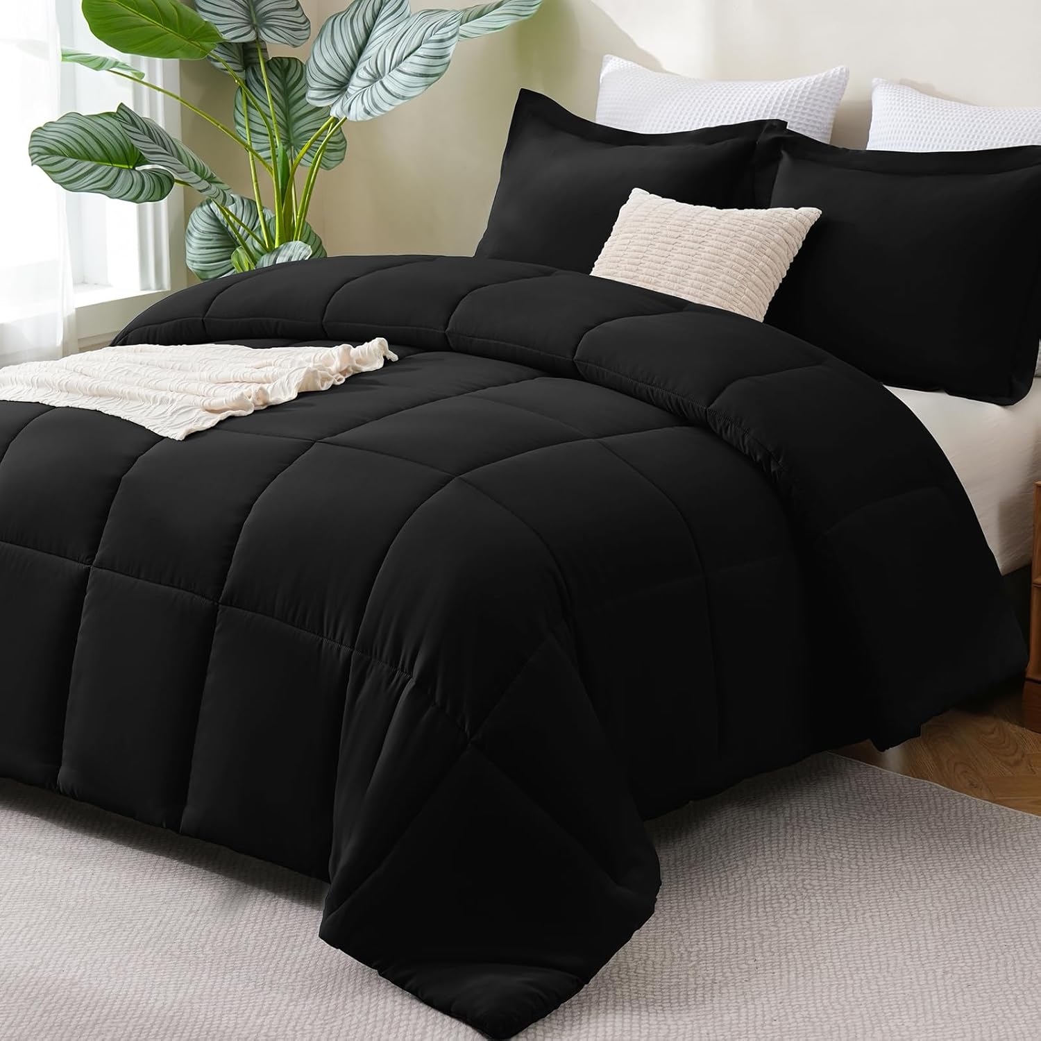 CozyLux King Size Comforter Set - Black Comforter King, 3 Pieces Box Stitched Bed Set for All Seasons, Soft Lightweight Bedding Sets with 1 Down Alternative Comforter and 2 Pillow Shams