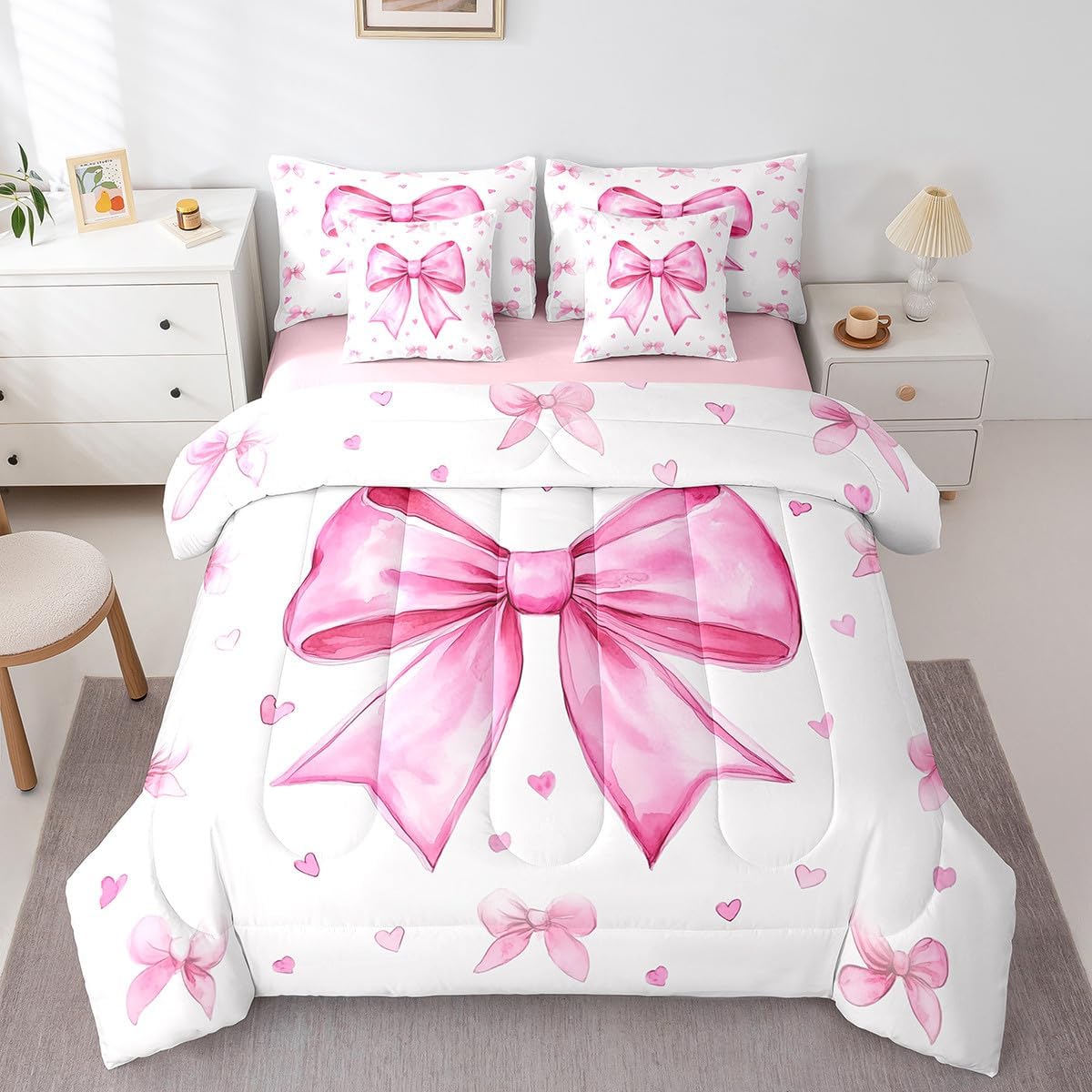 Erosebridal Kawaii Bowknot Girls Bed in A Bag with Sheets Dreamy Princess Style Twin Comforter Set 7 Piece for Kids Teen Women,Girly Cute Bow Bedding Set Pink Bow Tie Bed Set Bedroom Decor - Image 39