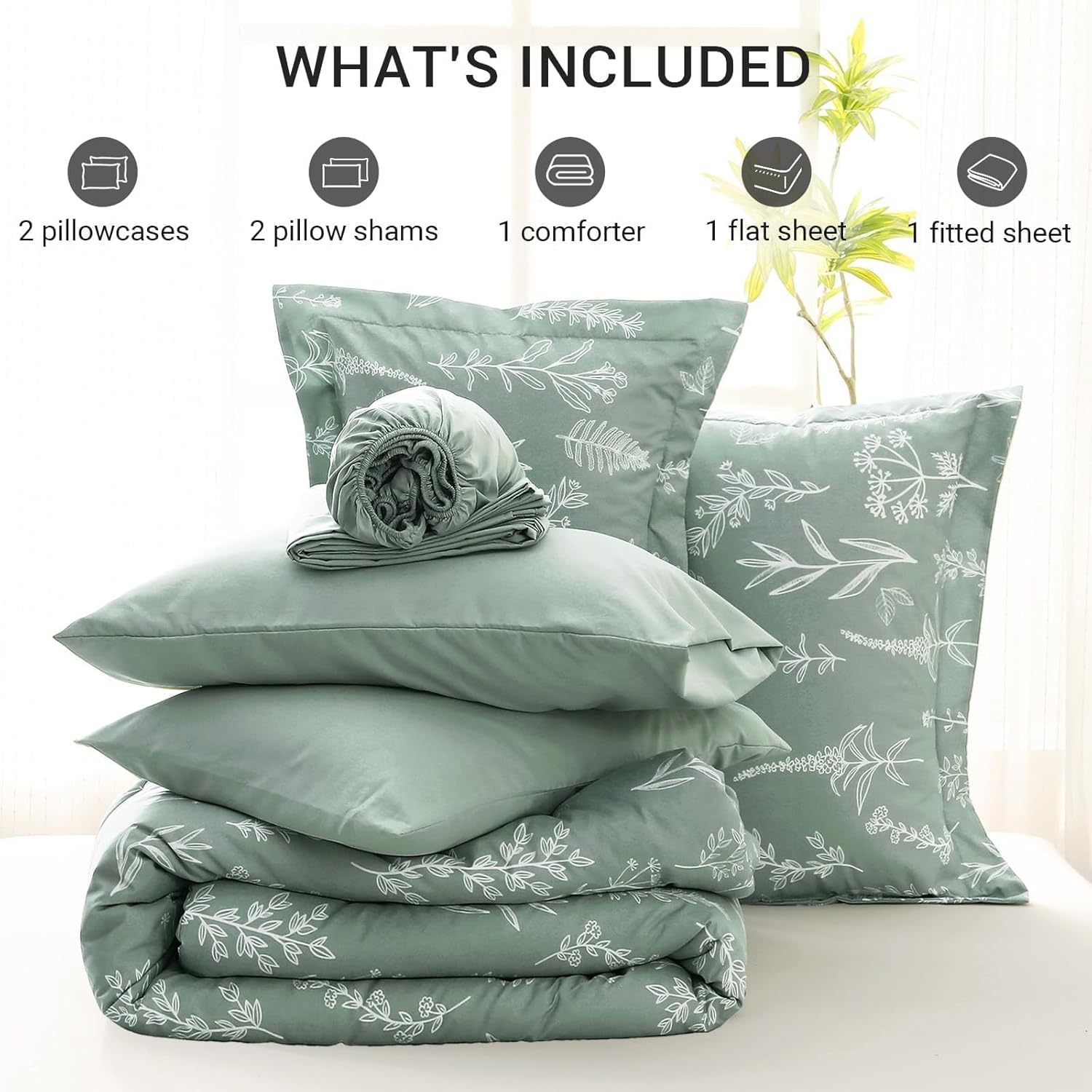 MUXHOMO Bed in a Bag Queen 7 Pieces, Sage Green Queen Comforter Set Reversible Botanical Flowers Design, Ultra Soft & Breathable Bedding Sets with Comforter, Sheets, Pillowcases & Shams - Image 5