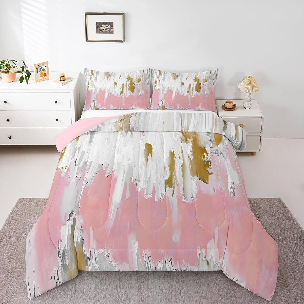 Erosebridal Black Grey Gold Comforter Set Queen Brush Strokes Oil Painting Bedding Set, Gradient Abstract Vintage Bedding Comforter Sets Ombre Graffiti Duvet Set, Contemporary Modern Quilted Comforter - Image 47
