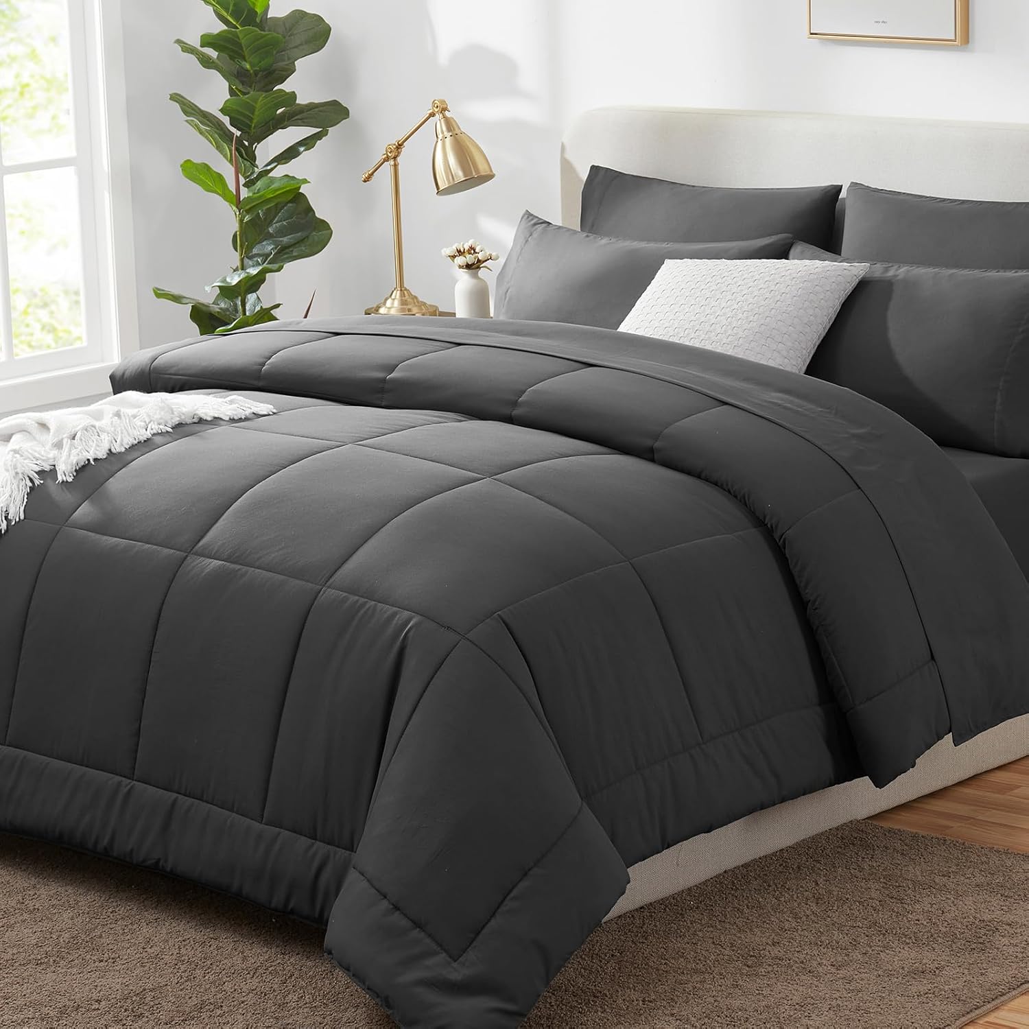 CozyLux King Size Comforter Set Black, 7 Pieces Bed in a Bag, Black Comforter King Size, All Season Bedding Sets with Stitch Quilted Comforter, Flat Sheet, Fitted Sheet, Pillowcases - Image 15