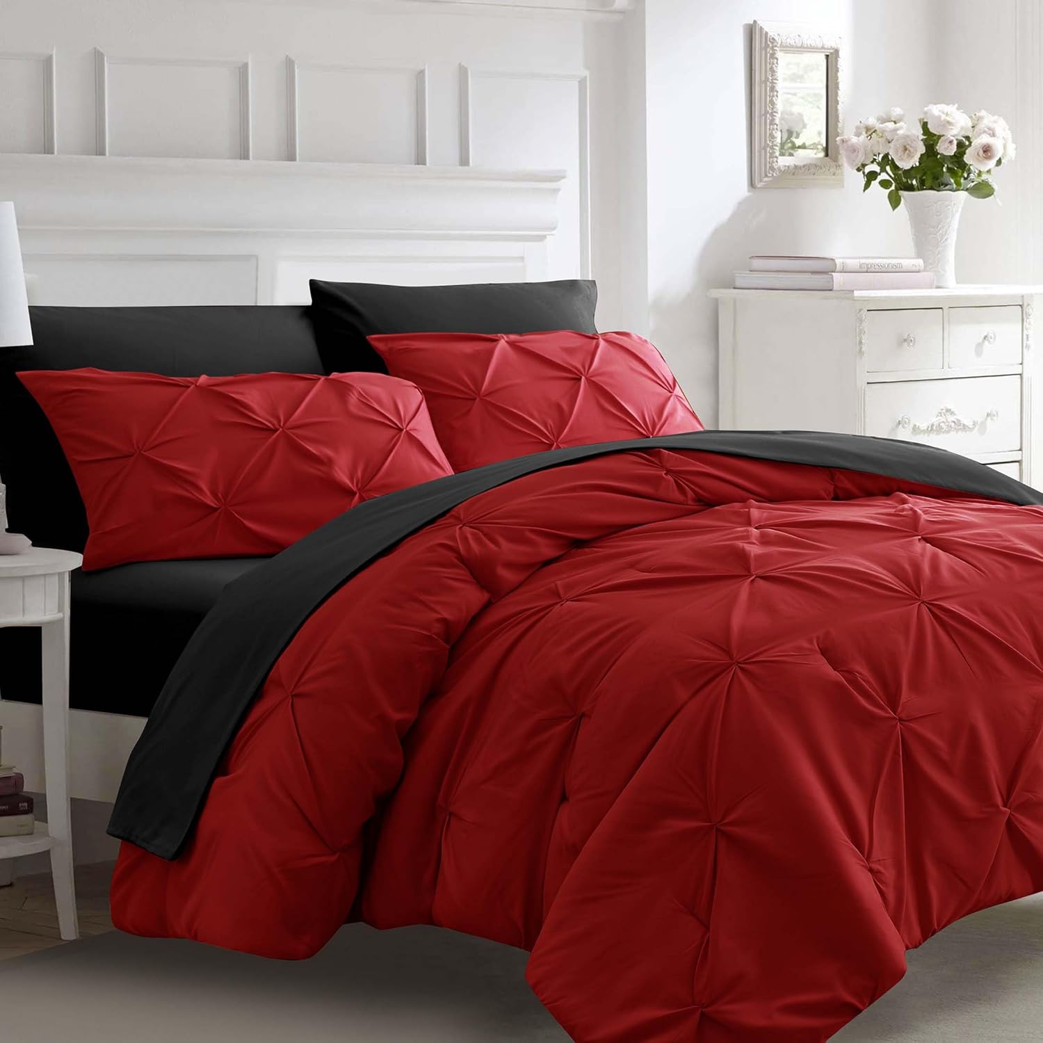 Ubauba 7pc Queen Size Comforter Set with Sheets, Pintuck 7 Piece Bedding Comforters Bed in a Bag for All Season, Pinched Pleat Bed Set with Comforter (Red and Black,Queen)