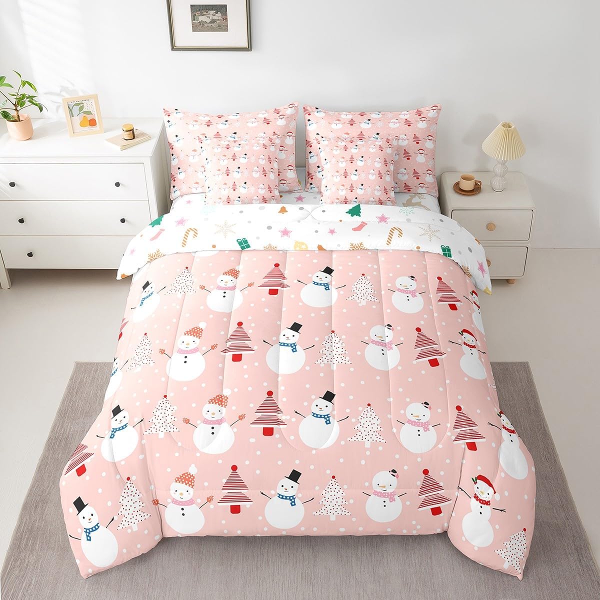 Pink Christmas 7 Piece Bedding Set Full Size Merry Christmas Snowman Bed in a Bag for Boys Girls Bedroom Decor Santa Claus Comforter Set with Sheets,Pillowcases & Cushion Cover Soft Xmas Tree Deer - Image 29