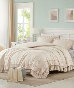Cupocupa Beige Queen Comforter Set, 3Pcs Comforters Ruffle Farmhouse Bedding Sets Queen with Comforter, Lightweight Soft Shabby Chic Bedding Comforter Set Fluffy for All Season
