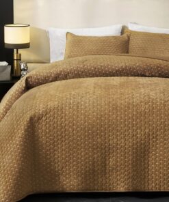Powdion Velvet Quilt King Size,Bedspread Quilted Bedding Set,Luxurious Soft Coverlet Set Lightweight Velvet Comforter with Pillow Shams, Gold Caramel,96x106 Cross Stitch Striped Quilt Set