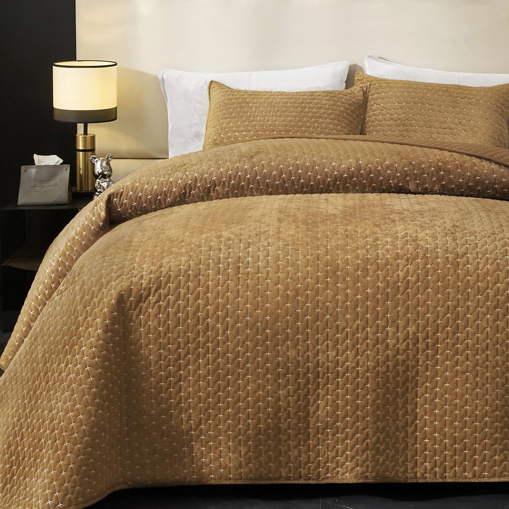 Powdion Velvet Quilt King Size,Bedspread Quilted Bedding Set,Luxurious Soft Coverlet Set Lightweight Velvet Comforter with Pillow Shams, Gold Caramel,96x106 Cross Stitch Striped Quilt Set