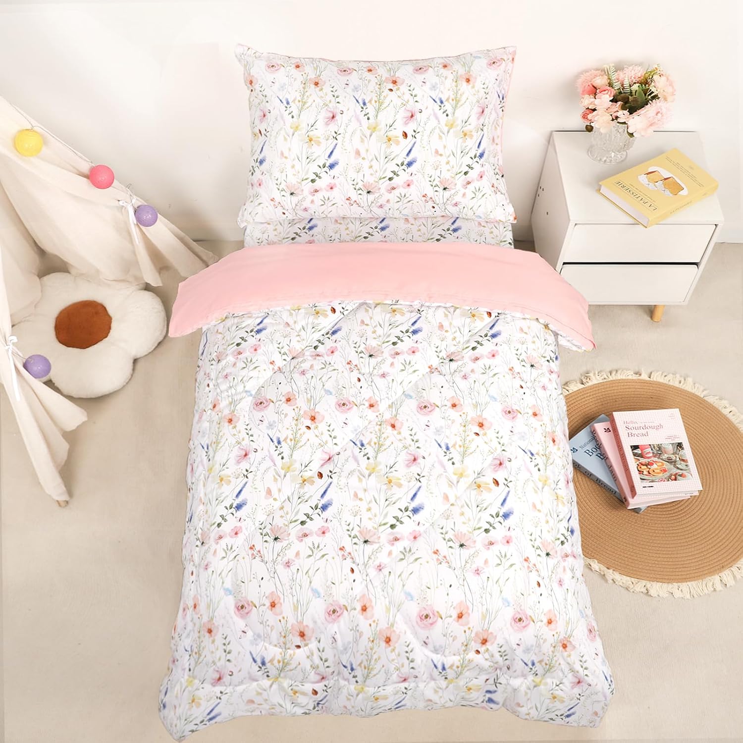 Toddler Bedding Set for Girls, 4 Piece Rainbow Toddler Girl Bedding Set, Super Soft & Lightweight Toddler Comforter Set Includes Comforter, Flat Sheet, Fitted Sheet, Pillowcase (Pink) - Image 9