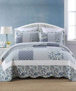 Cotton Bedspread Quilt Bedding Sets 3 Pieces Reversible Coverlet Sets Comforters Vintage Floral Patchwork Blue Bedspread (Blue Vintage Floral, King Size)