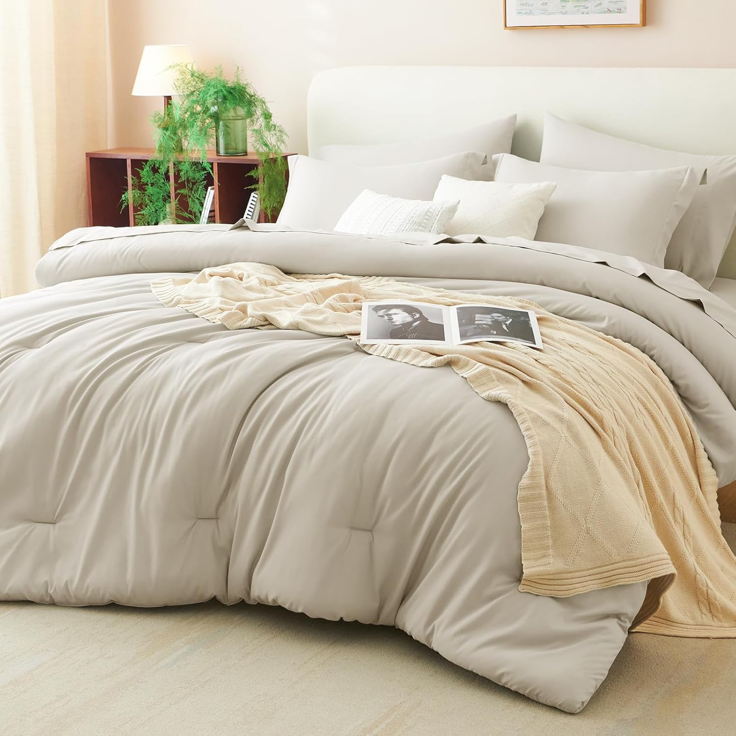 CozyLux King Comforter Set Beige, 7 Pieces Bed in a Bag Soft Bedding Comforter Set with Sheets, All Season Boho 7PC Bed Sets with Comforter, Fitted Sheets, Flat Sheets, Pillow Shams and Pillowcases