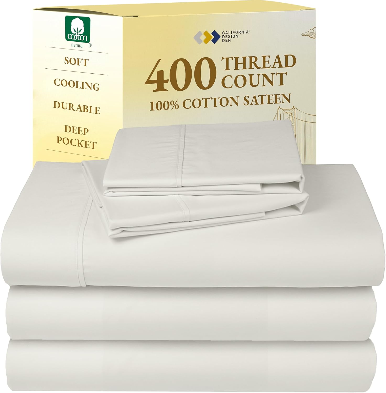 California Design Den King Size Sheets Set - Soft 400 Thread Count Sateen, Natural 100% Cotton Sheets King Size, Deep Pockets with All Around Elastic for a Snug Fit, Cool & Durable Bedding - White - Image 23
