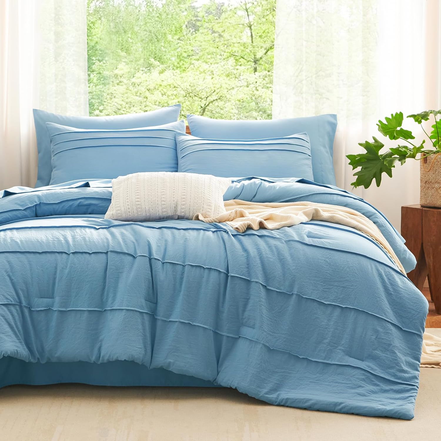 CozyLux King Size Comforter Set Beige, 7 Pieces Soft Pinch Pleat Bed in a Bag King Comforter Set with Sheets, Boho Bed Set with Down Alternative Comforter, Sheets, Pillowcases & Shams - Image 8