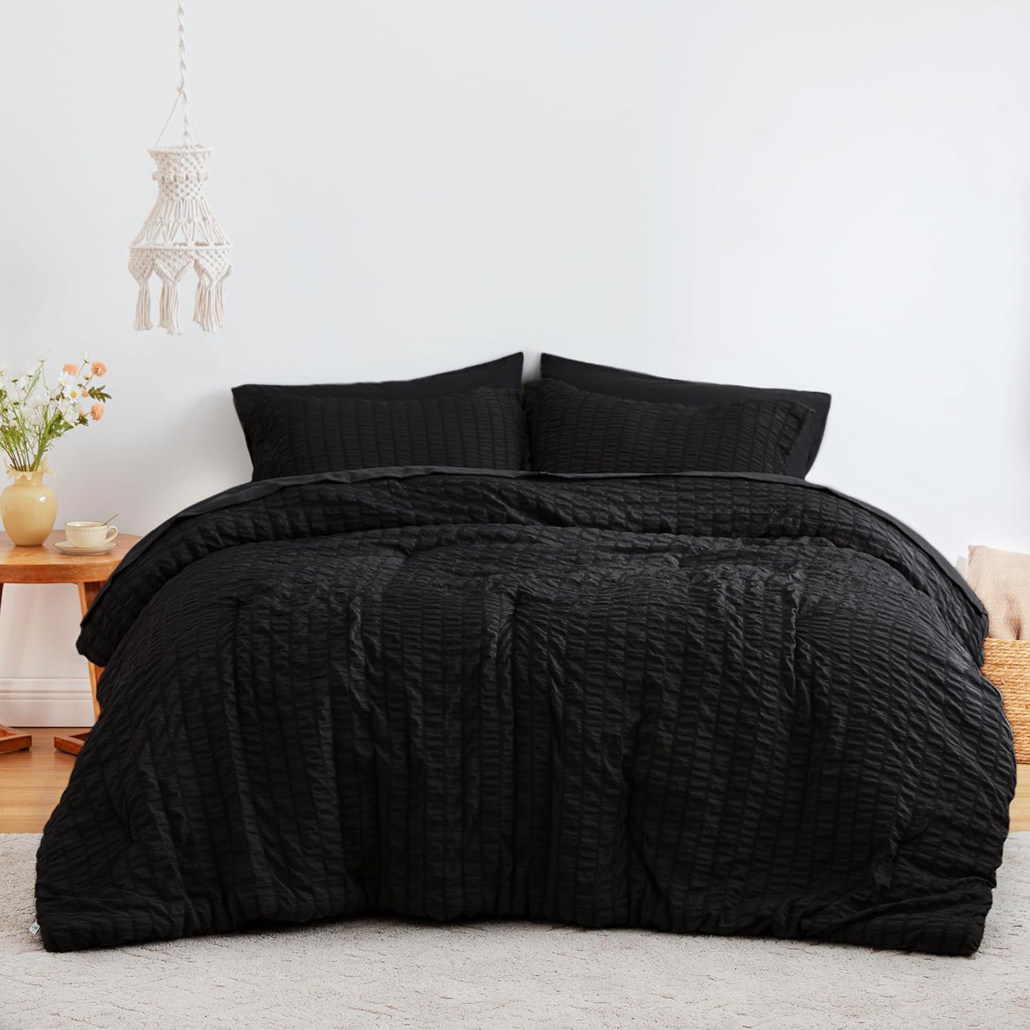 Love's cabin Seersucker Black 7 Pieces Comforter Set Full, All Season Lightweight Bedding Set, Full Bed in a Bag Comforter Set with Comforter, Flat Sheet, Fitted Sheet, Pillowcase and Pillow Sham - Image 2