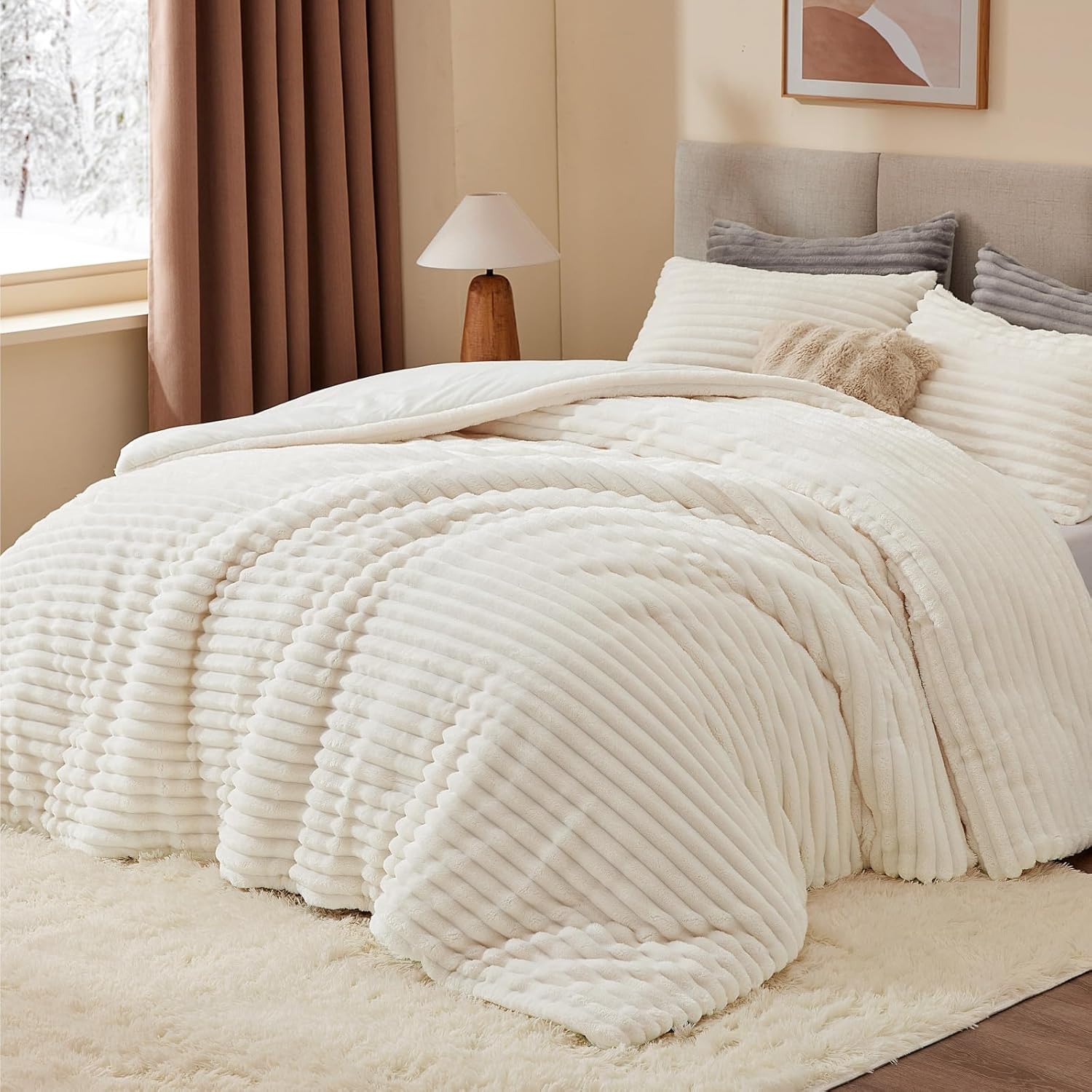 BEDELITE Fleece Queen Comforter Set -Super Soft & Warm Fluffy Cream White Bedding, Luxury Fuzzy Heavy Bed Set for Winter with 2 Pillow Cases - Image 2