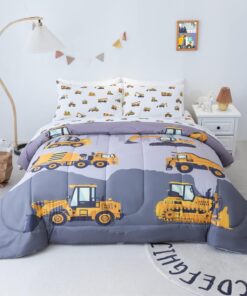 Cokouchyi Twin Size Comforter Set for Boys, 4-Piece Bed in a Bag, 3D Construction Bedding Comforter Sheet Set, Ultra Soft and Fluffy, Cartoon Truck Cars