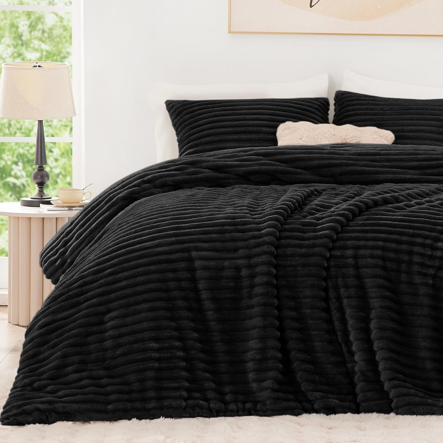 EXQ Home Fluffy Comforter Set Queen Size - Super Soft Faux Fur Stripe Jacquard Comforter 3 Pieces, Black Fleece Bedding Set,Winter Warm Bed Set,1 Comforter with 2 Pillowcases
